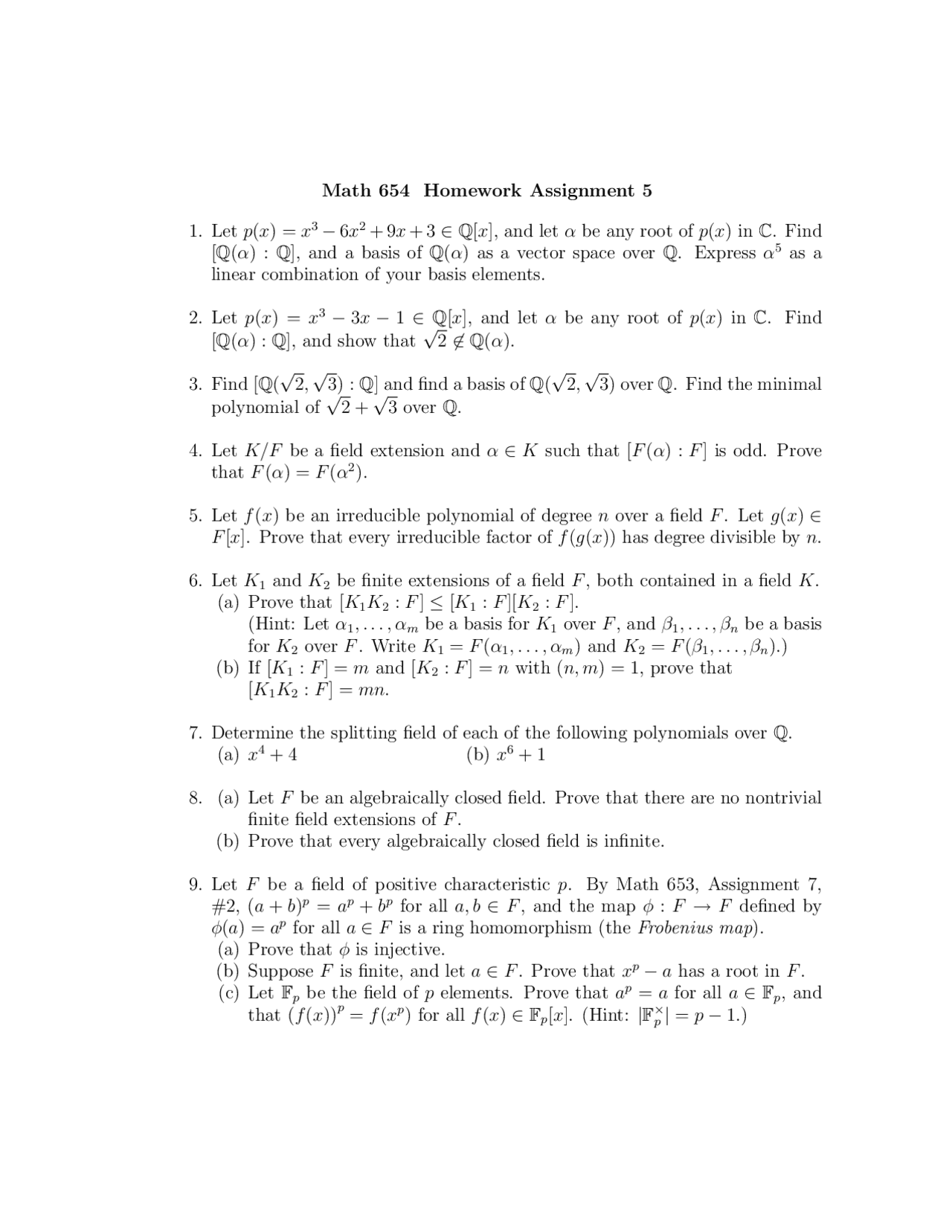 Homework 5 Questions | Algebra I | MATH 653 - Docsity