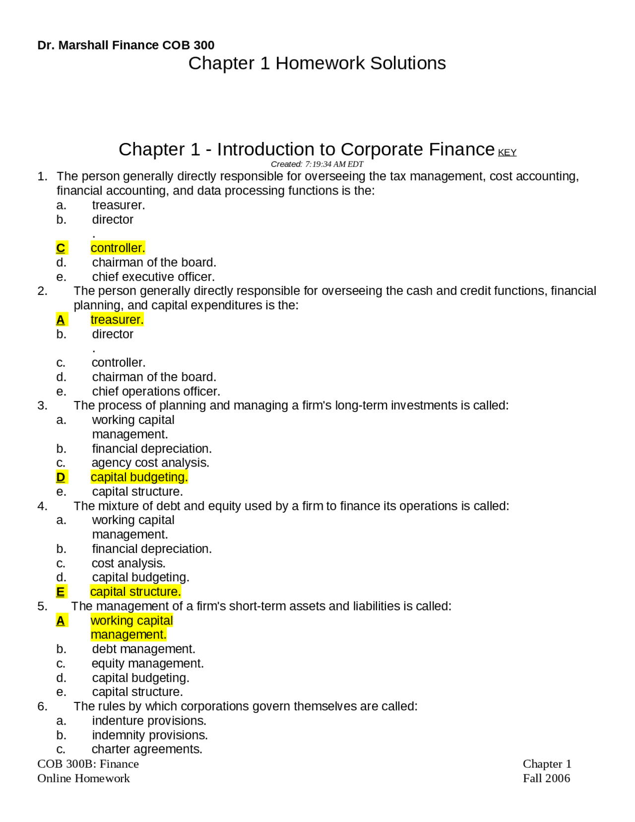 Homework I Solutions - Introduction to Corporate Finance | COB 300 ...