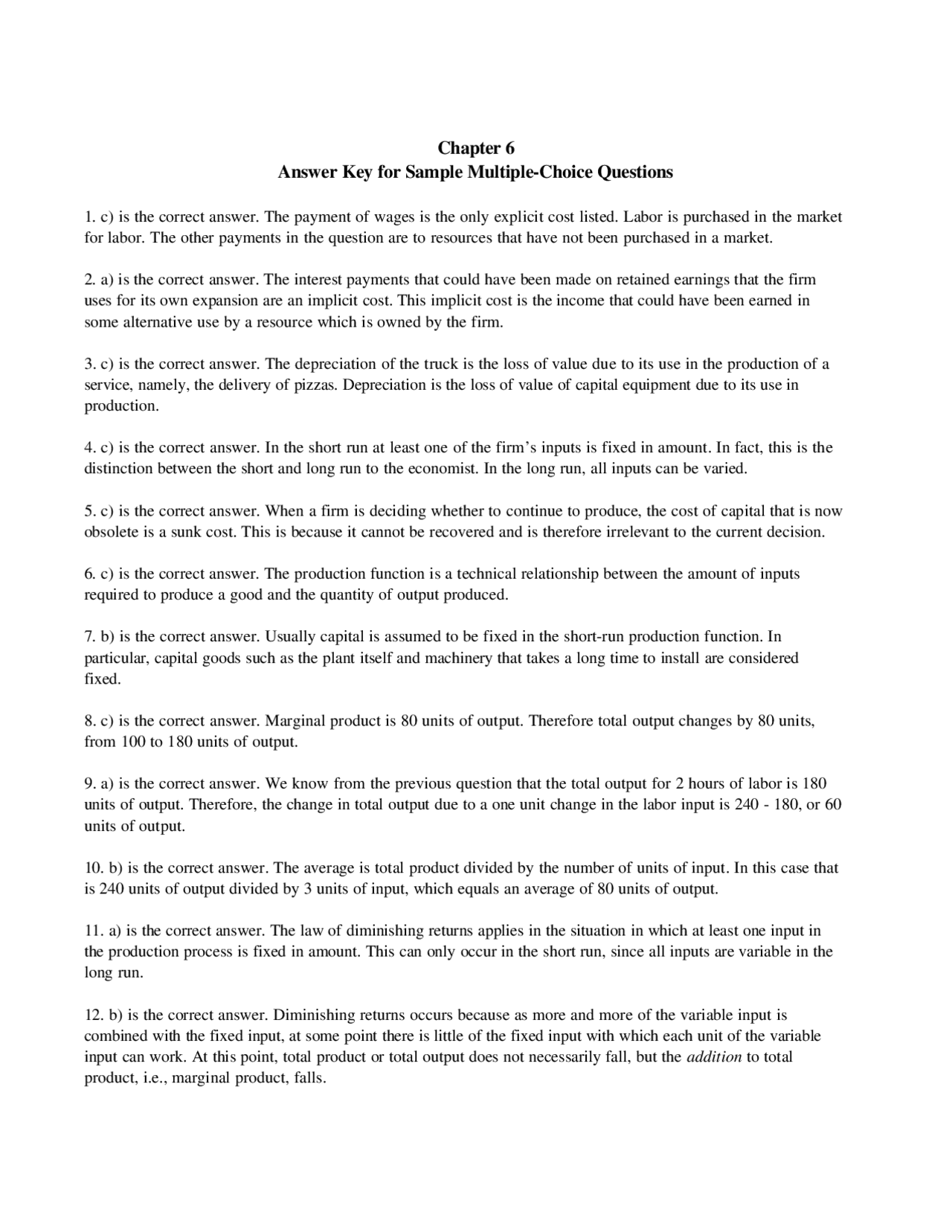Answer Key for Microeconomics Multiple-Choice Questions: Costs and  Production - Prof. Jeff | Study notes Economics | Docsity