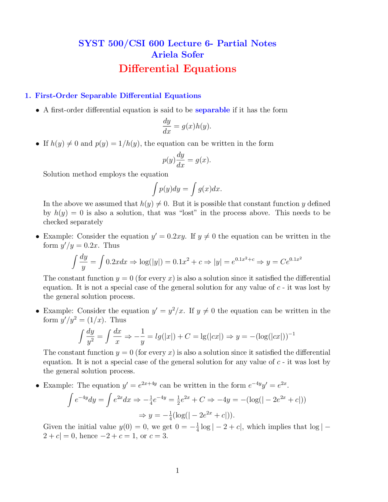 Differential Equations- Lecture Notes | SYST 500 - Docsity