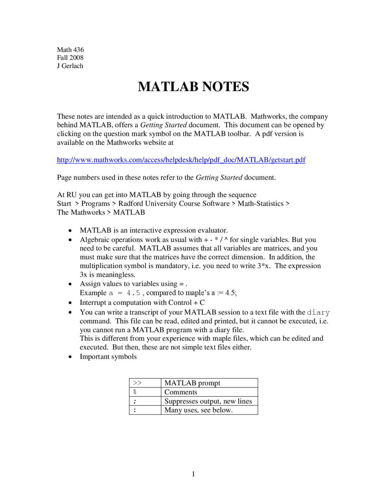 Notes on MATLAB - Numerical Analysis | MATH 436 - Docsity