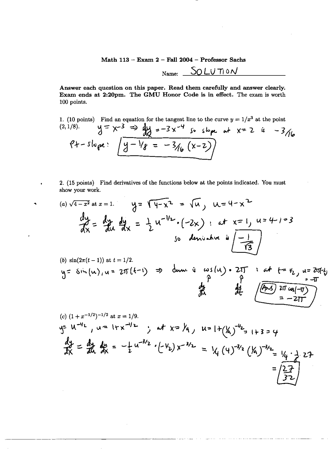 8 Solved Problems to Find the Derivative Functions - Test 2 | MATH 113 ...