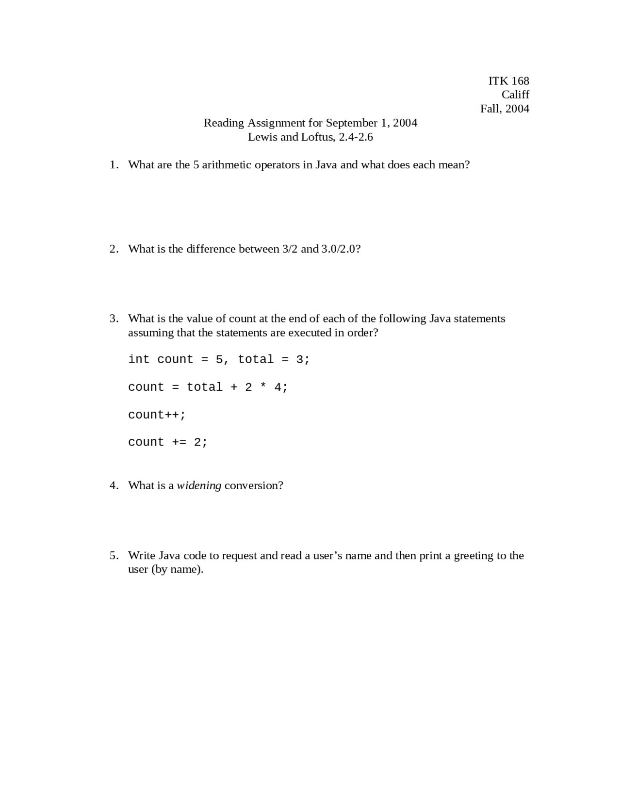 5 Questions on Arithmetic Operators in Java - Homework | ITK 168.00 ...