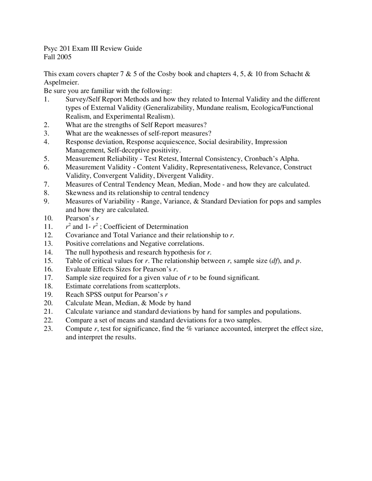Exam 3 Review Guide | Psychological Research I | PSYC 201 - Docsity