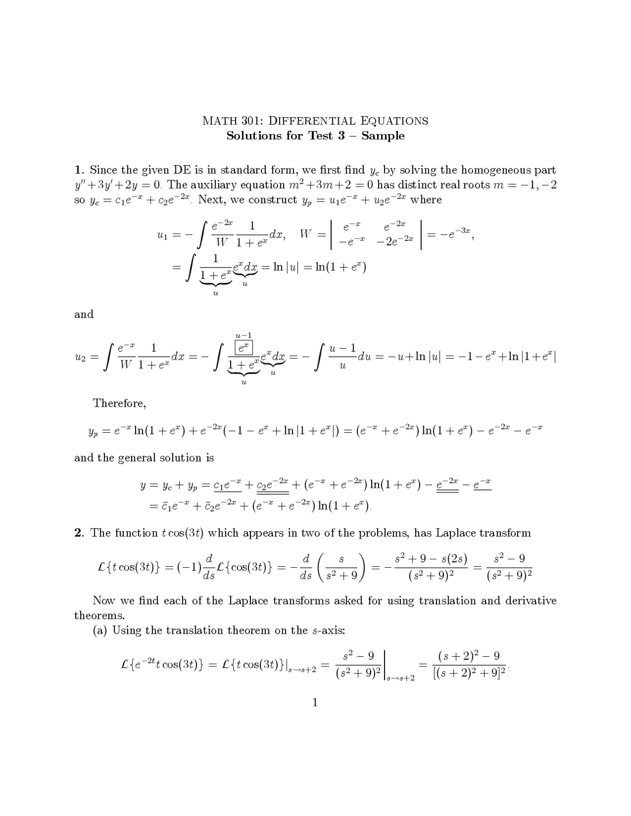 4 Solved Problems on Differential Equations - Exam 3 | MATH 301 - Docsity