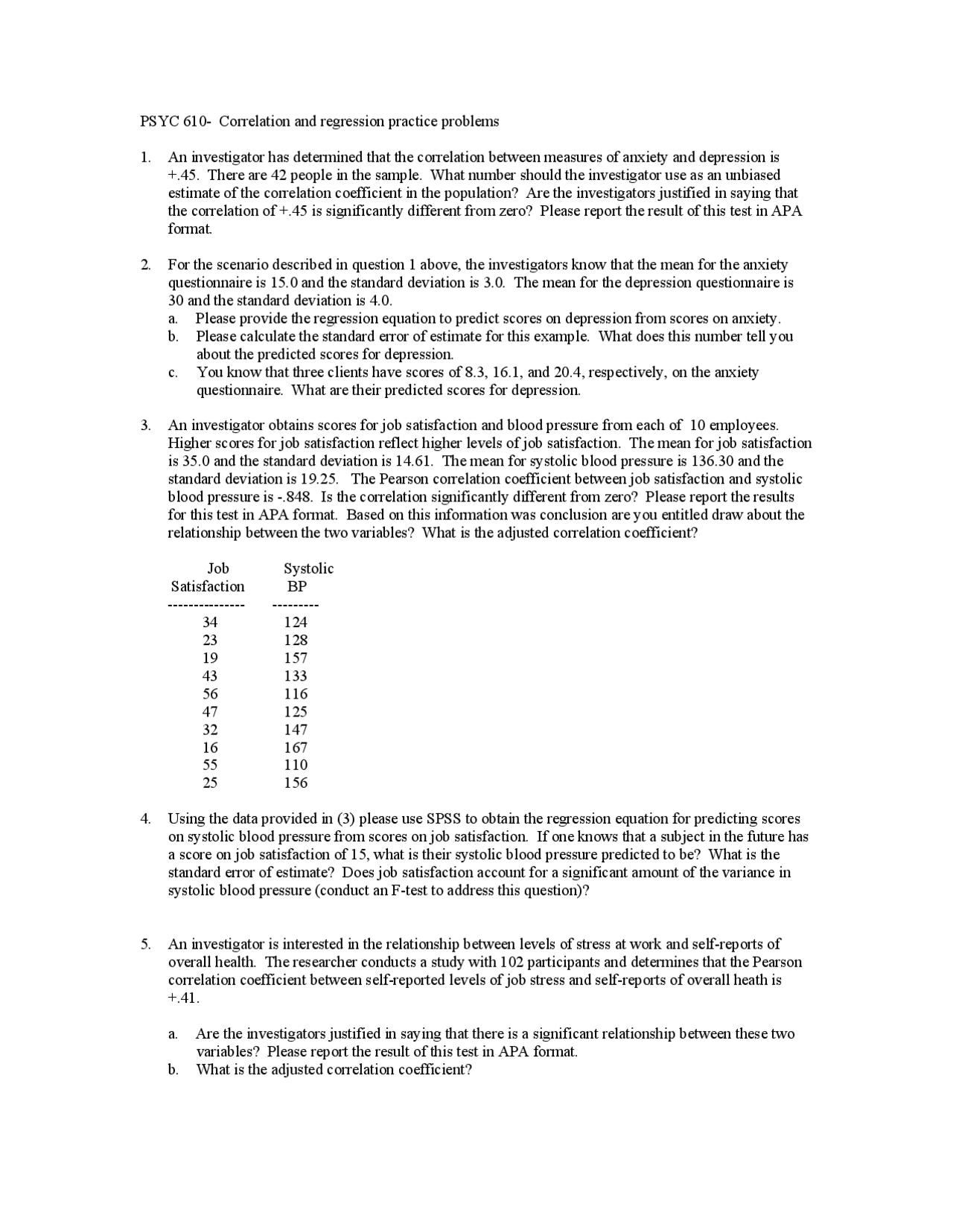 Correlation and Regression Practice Problems - Analysis of Behavioral ...