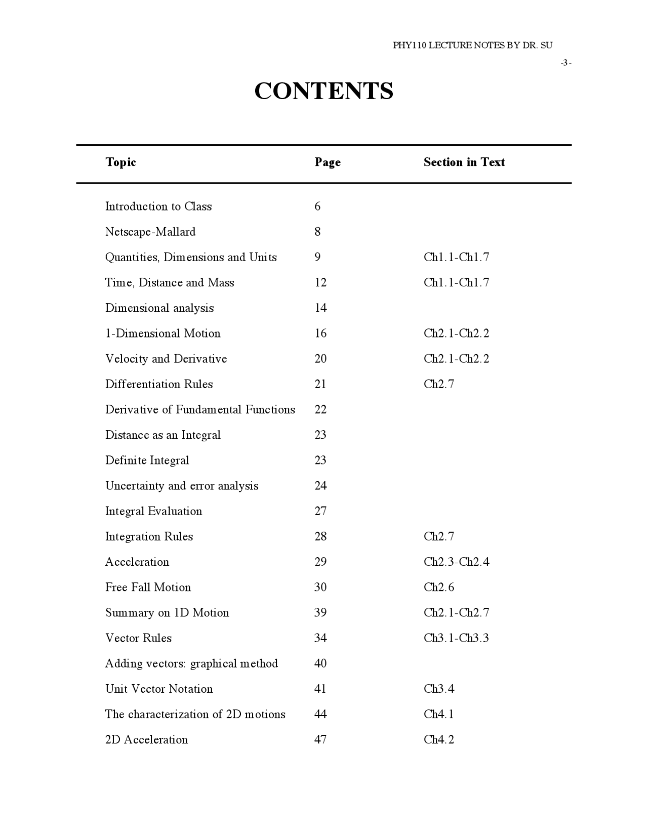 Lecture Notes on Motion and Time: Distance, Velocity, Acceleration, and ...