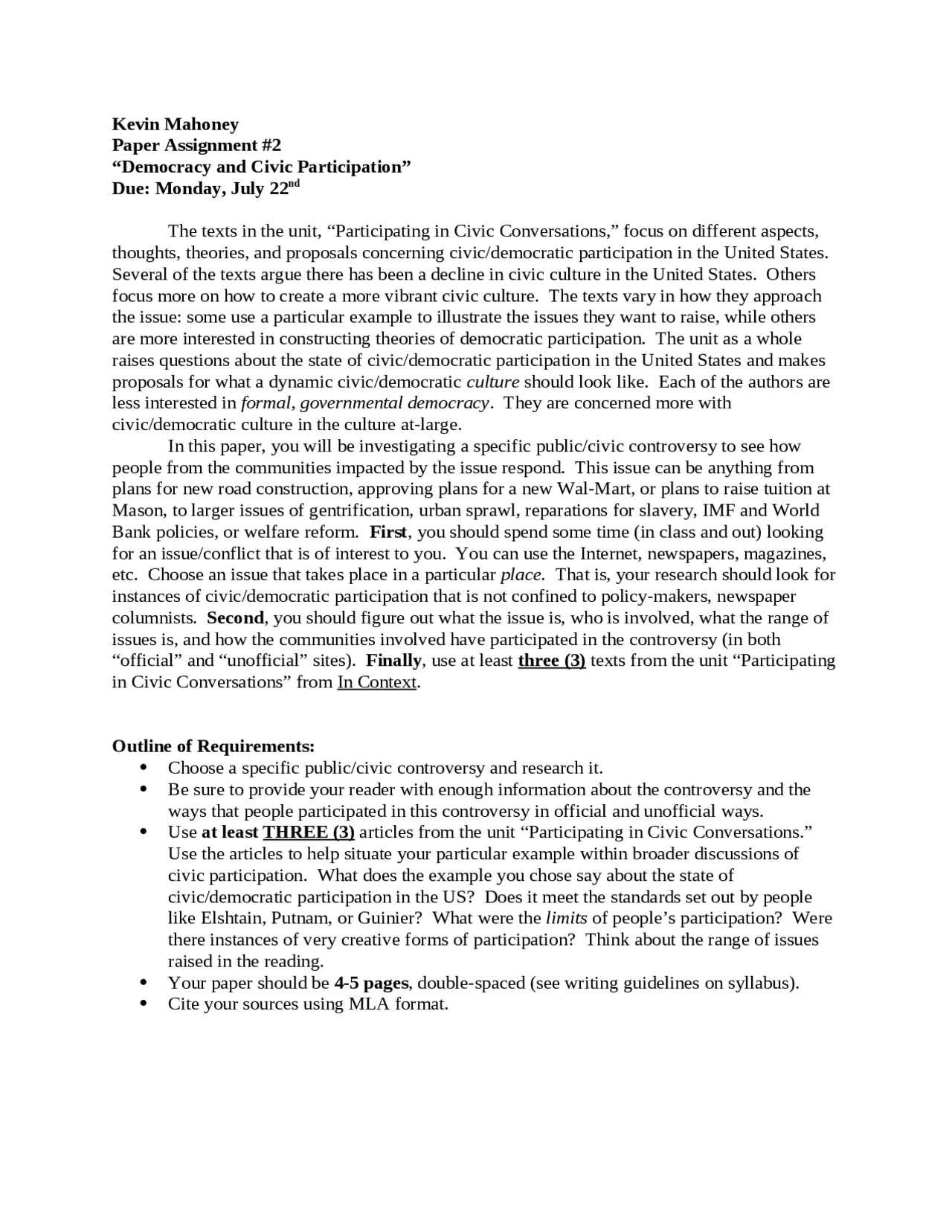 Civic Assignment Examples Democracy and Civic Participation - Assignment 2 | ENGL 101 - Docsity