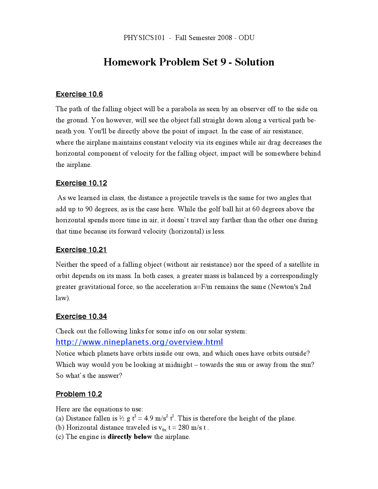 Solution Key for Problem Set 9 - Conceptual Physics - Fall 2008 | PHYS ...