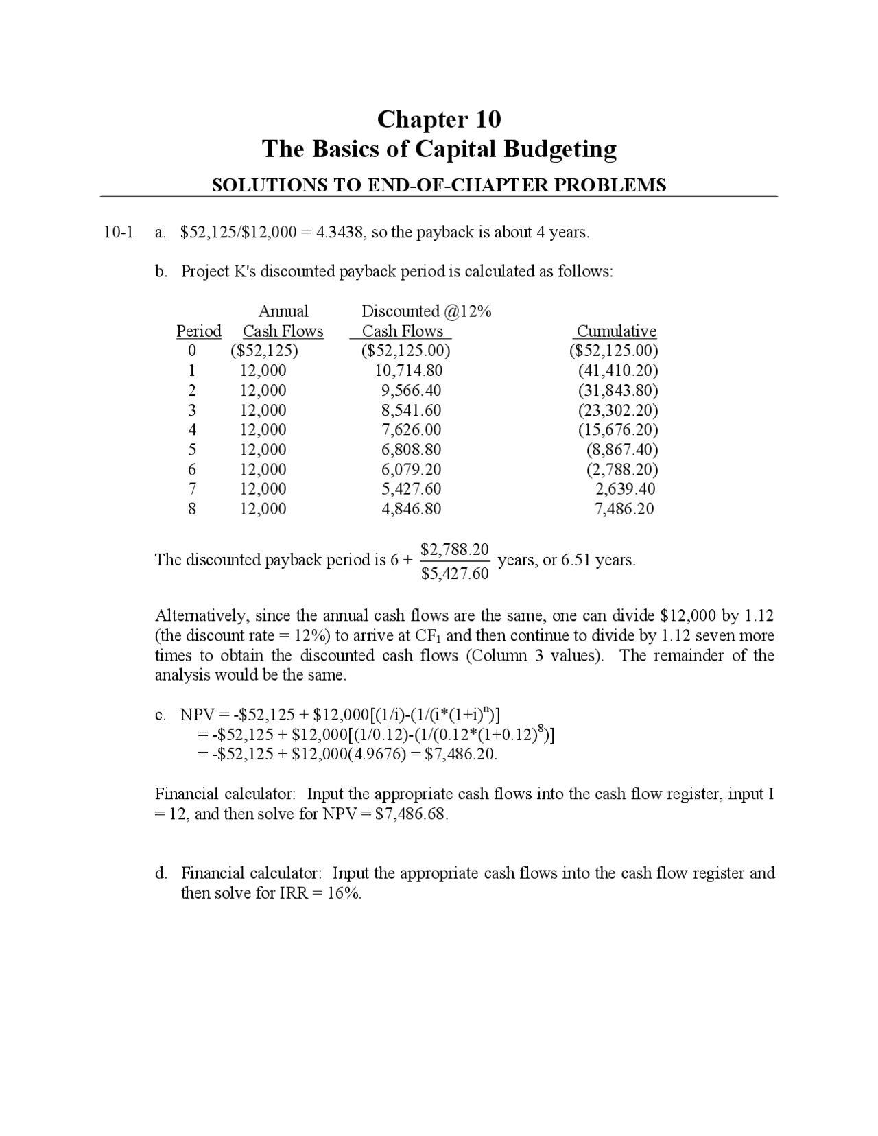 Basics of Capital Budgeting - Solutions to Problems | FIL 440.00 - Docsity