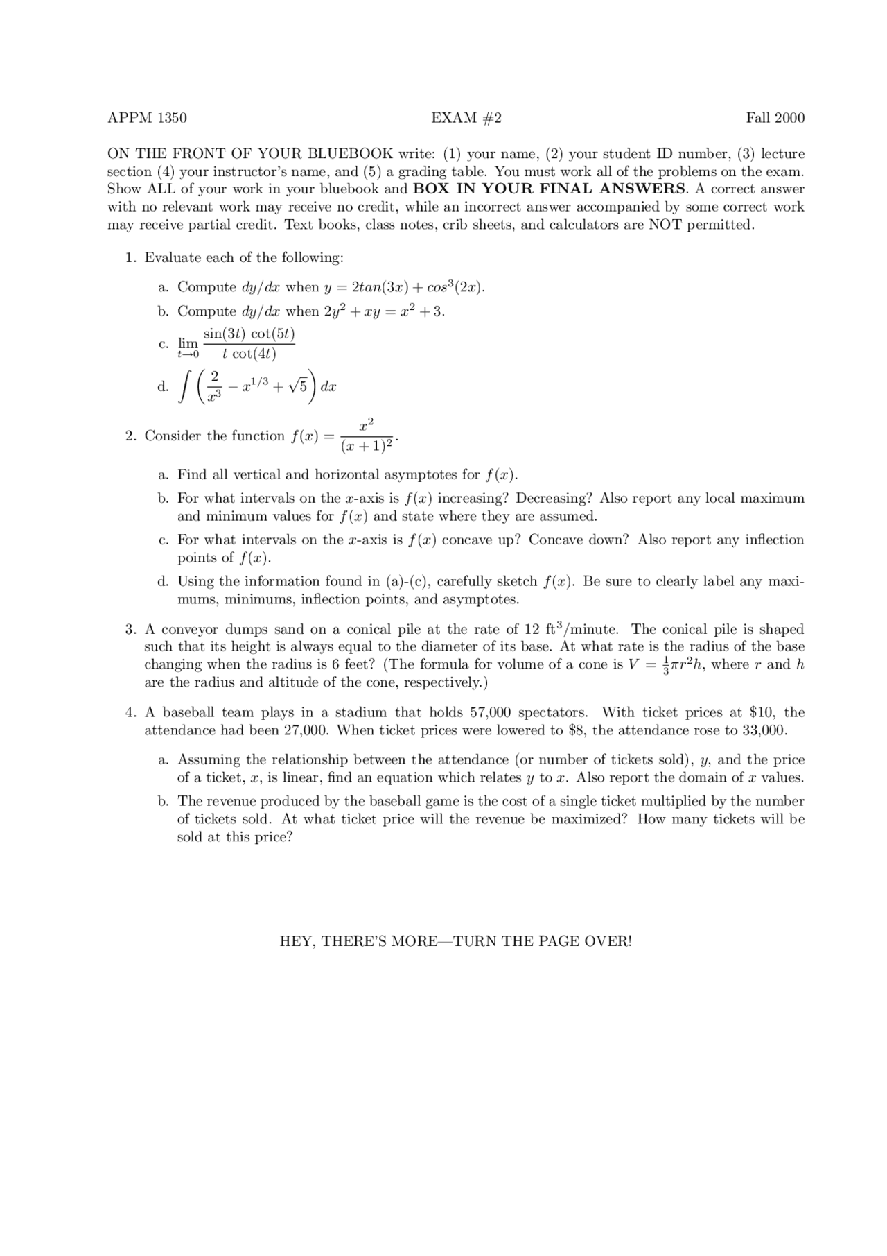 Exam 2 Problems Calculus 1 For Engineers Appm 1350 Docsity