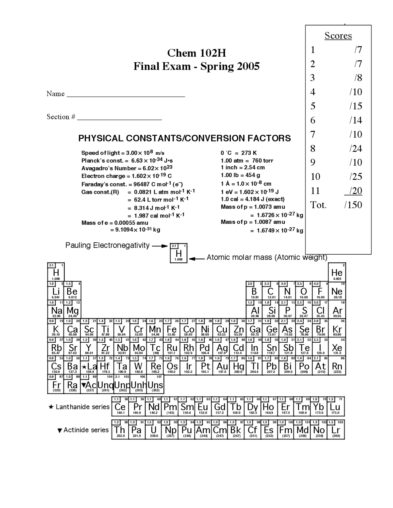 Final Exam - Fundamentals of Chemistry II - Spring 2005 | CHEM 102 ...