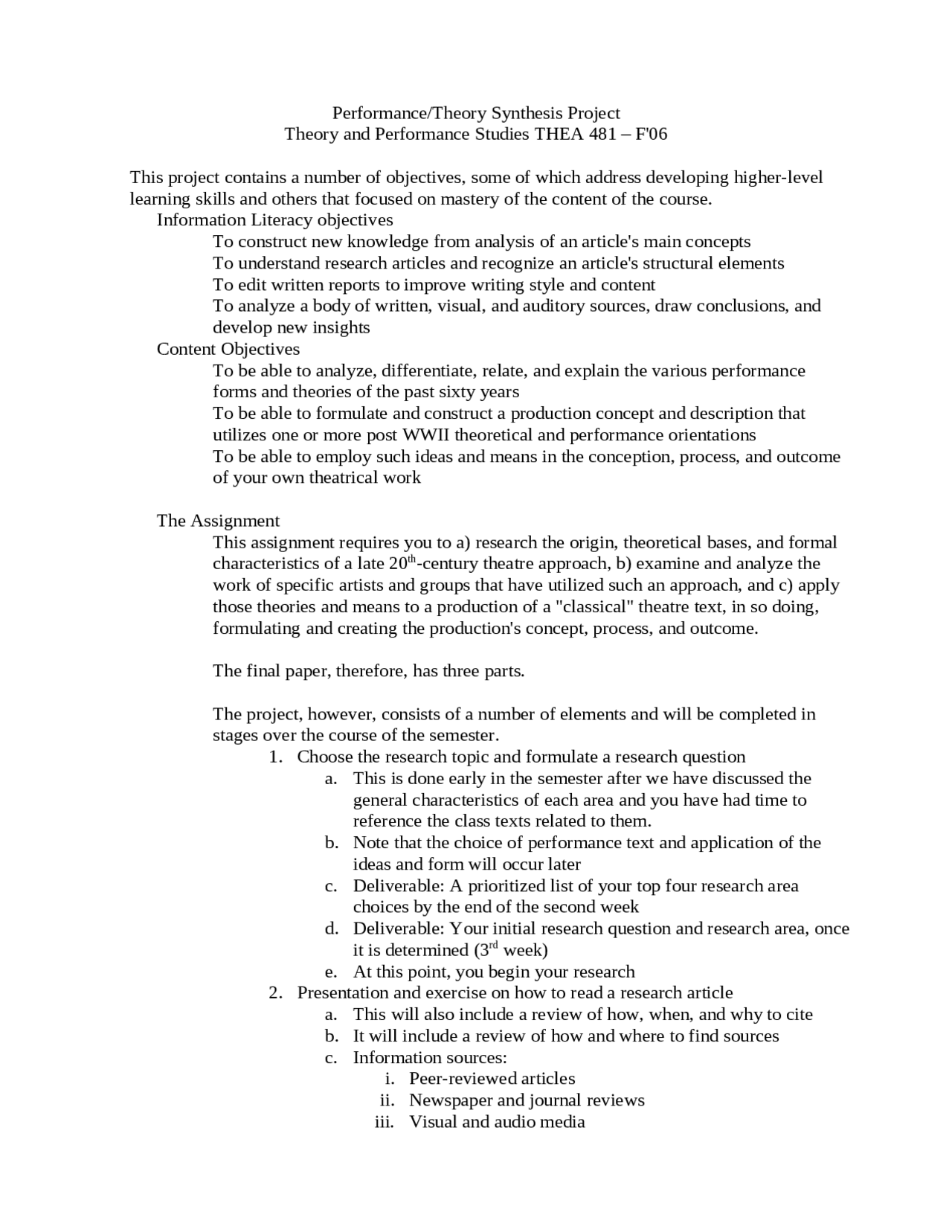 Theory and Performance Synthesis Project | THEA 481 - Docsity