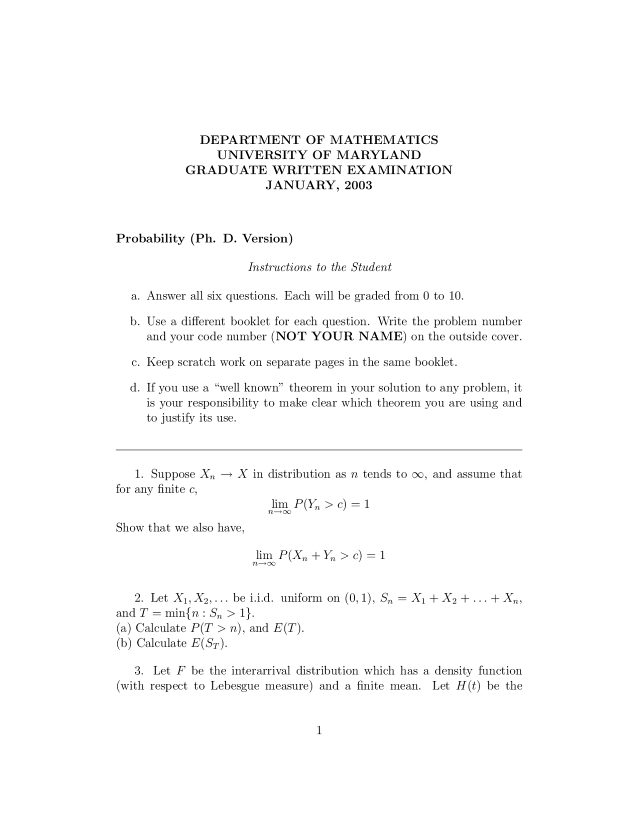 Final Exam for Probability Theory I | STAT 600 - Docsity