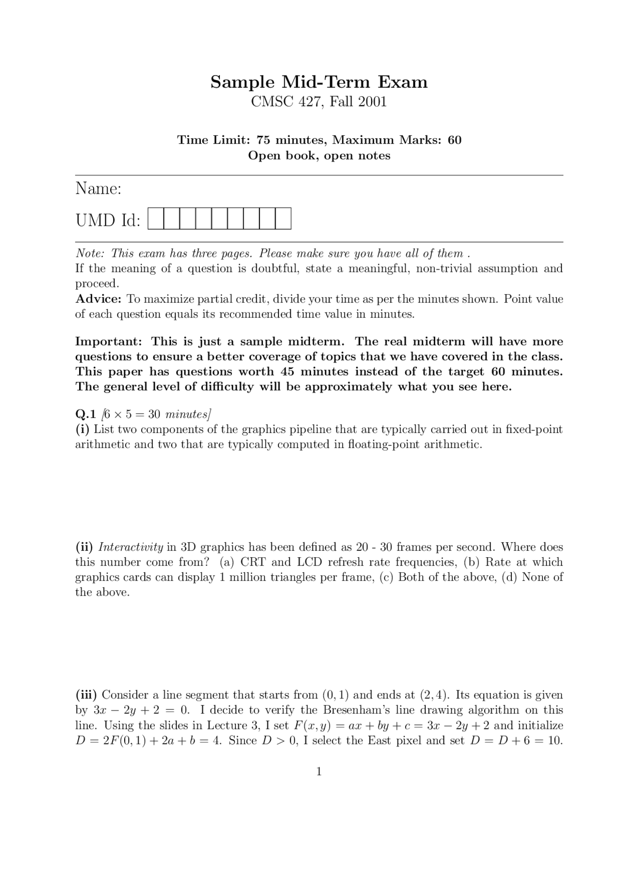 Sample Midterm Exam Questions - Computer Graphics | CMSC 427 | Exams ...