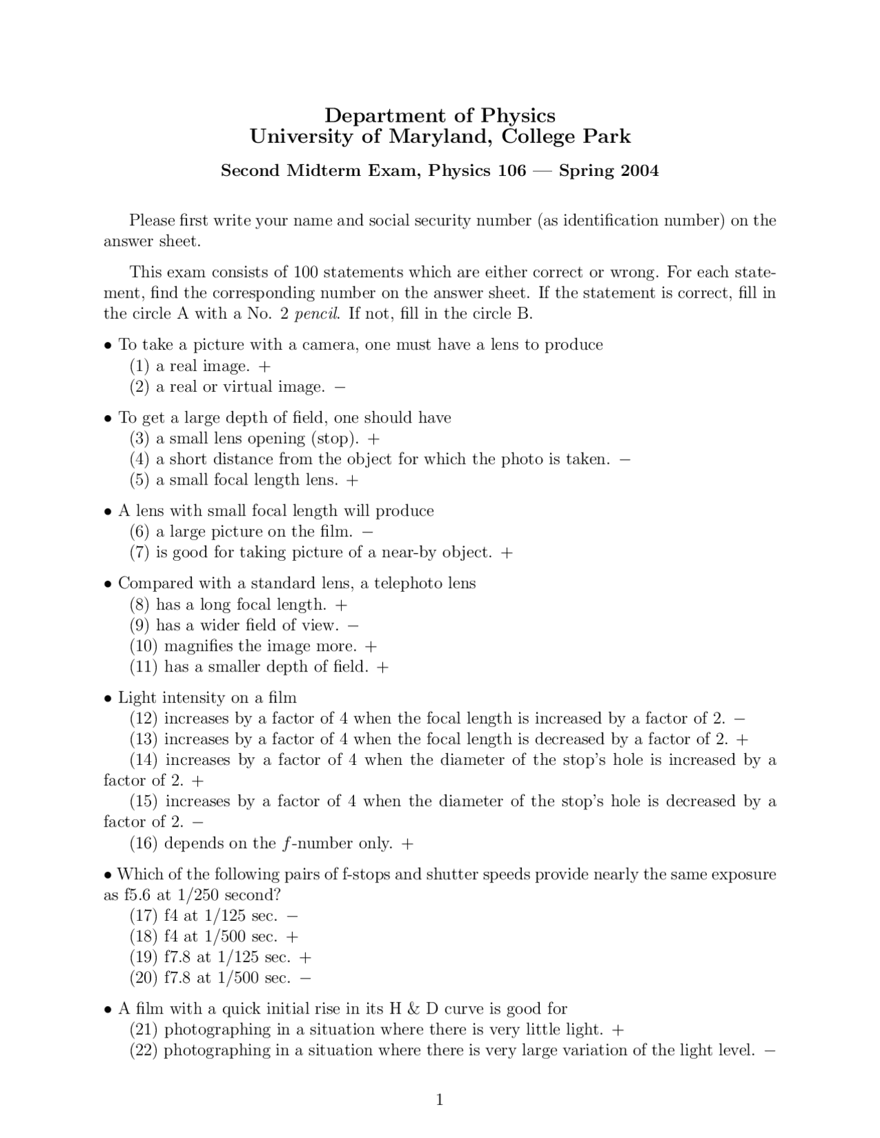 Developments of Physics Light Percept and Phenom Exam 2 PHYS 106