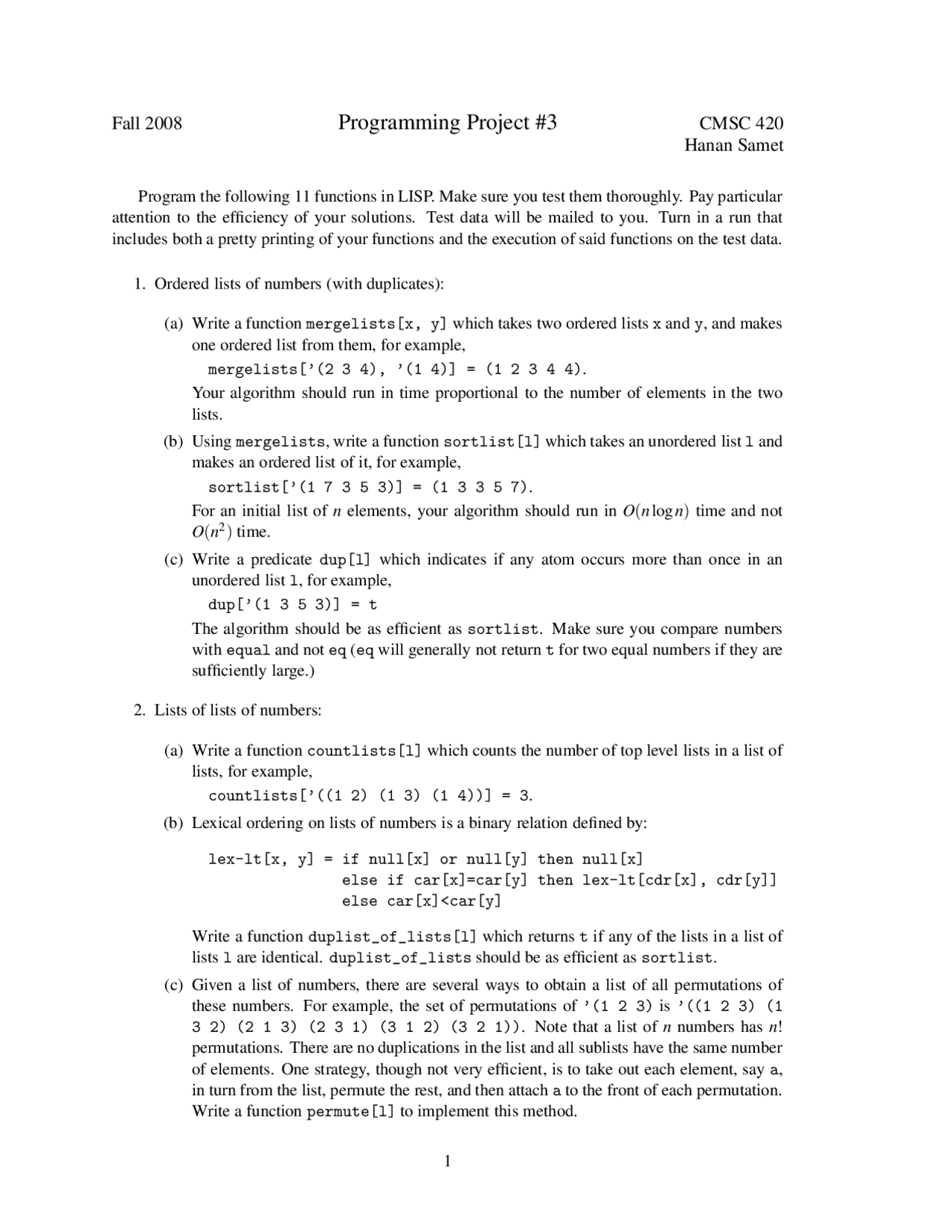 Programming Project 3 - Data Structures - Fall 2008 | CMSC 420 - Docsity