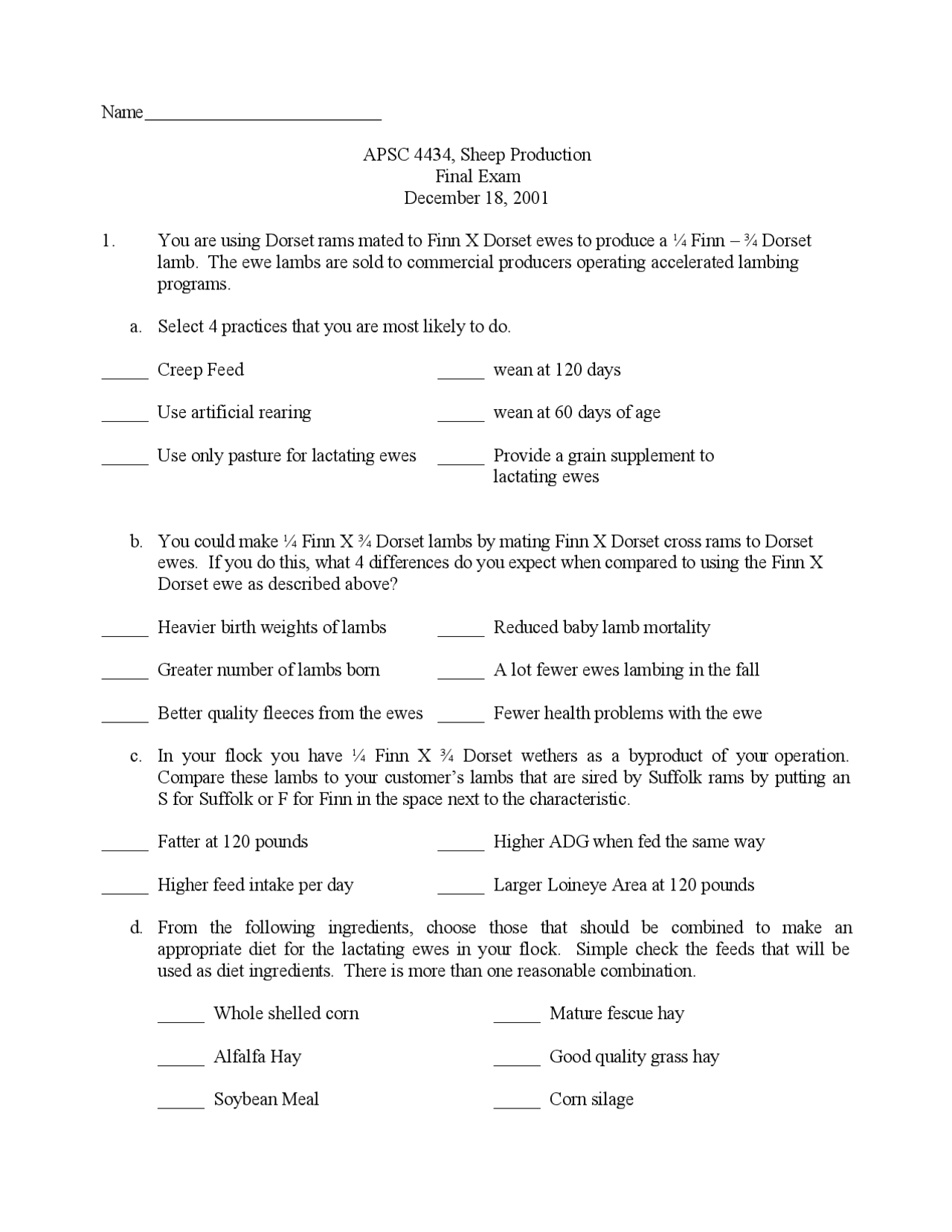 Sheep Production - Final Exam Paper | APSC 4434 - Docsity