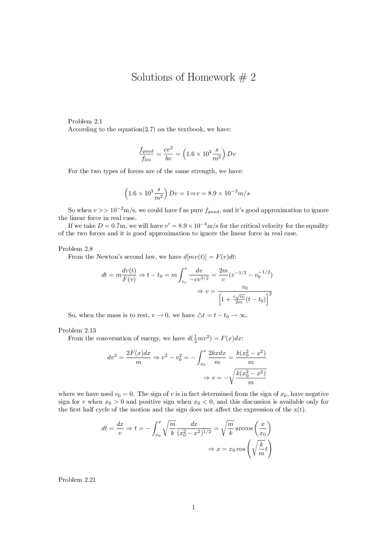 Solutions of Homework 2 - Classical Mechanics | PHYS 410 - Docsity
