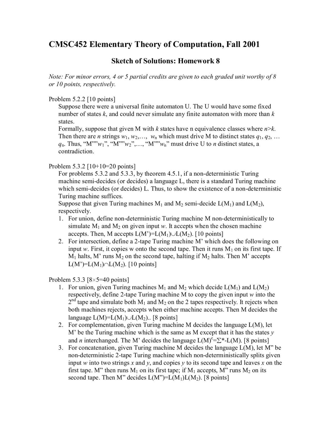 Homework 8 Problems with Solution - Elementary Theory of Computation ...