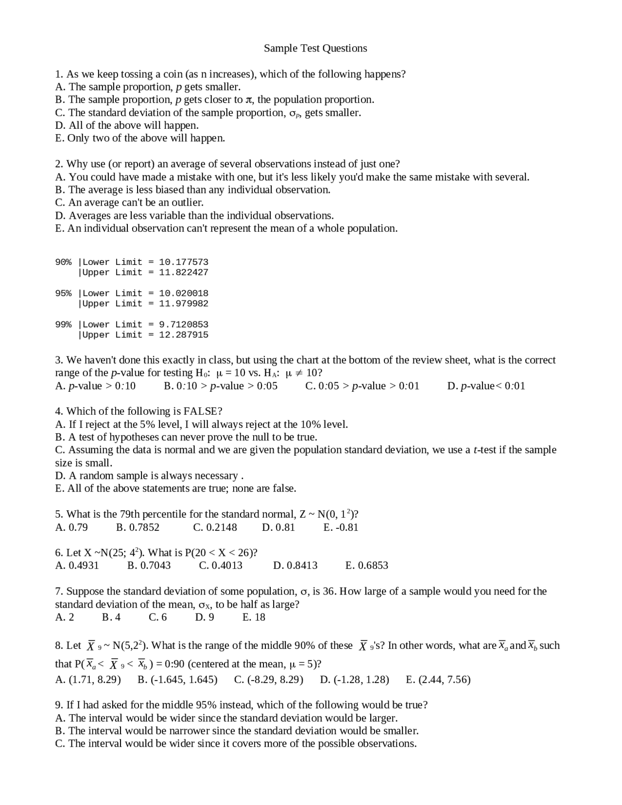 Sample Test Questions - Statistical Method | STAT 302 - Docsity