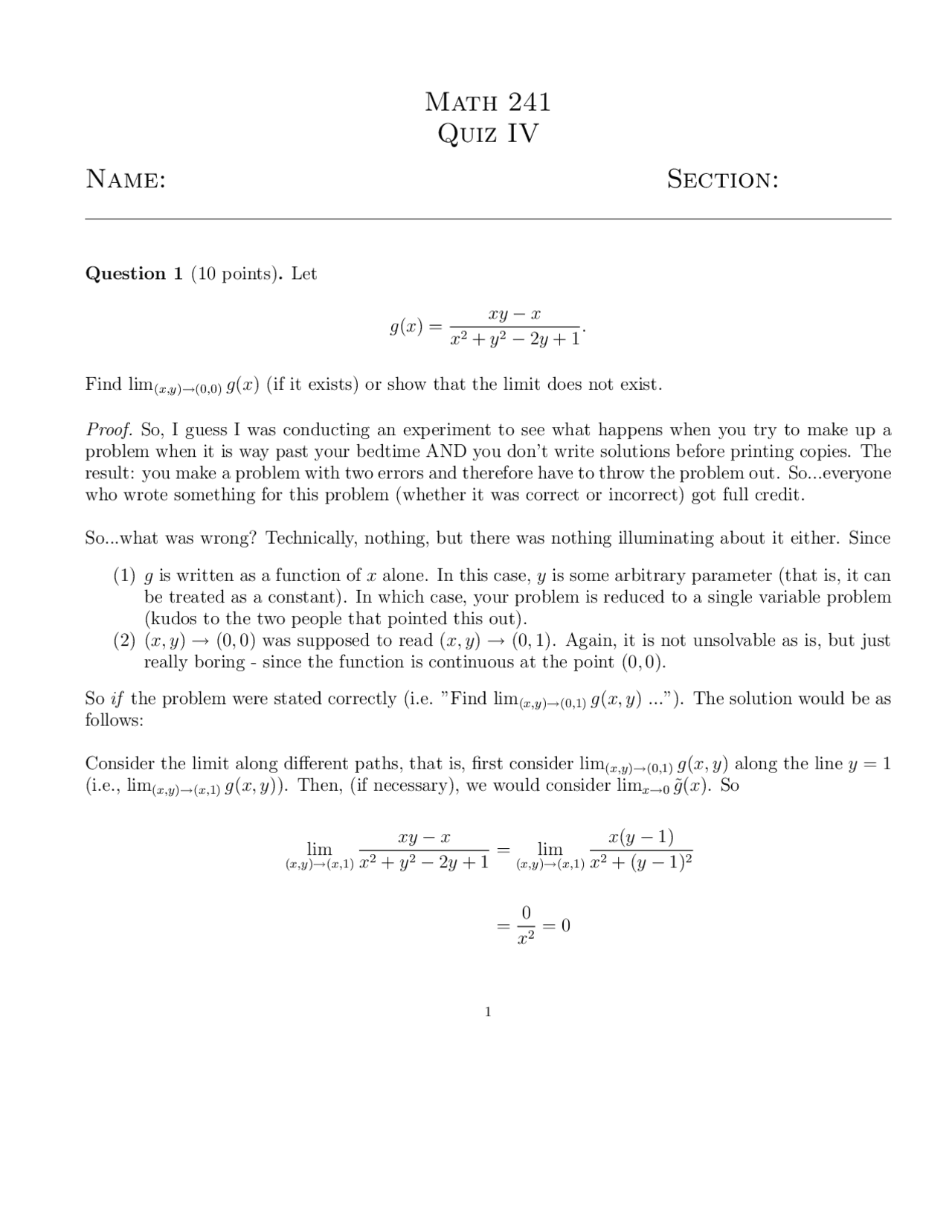 Quiz 4 with 3 Questions - Calculus III | MATH 241 - Docsity