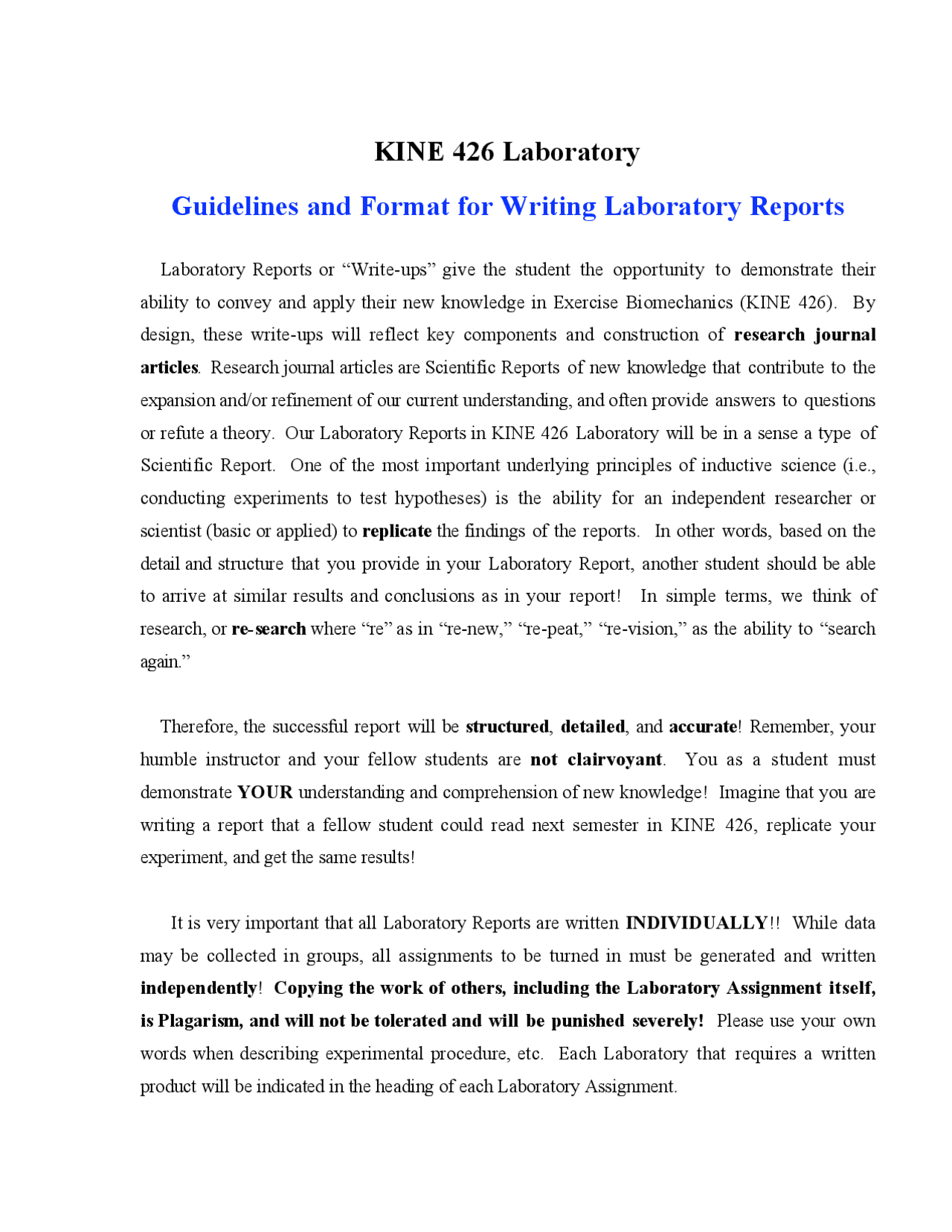 Guidelines and Format for Laboratory Report of Exercise Biomechanics ...