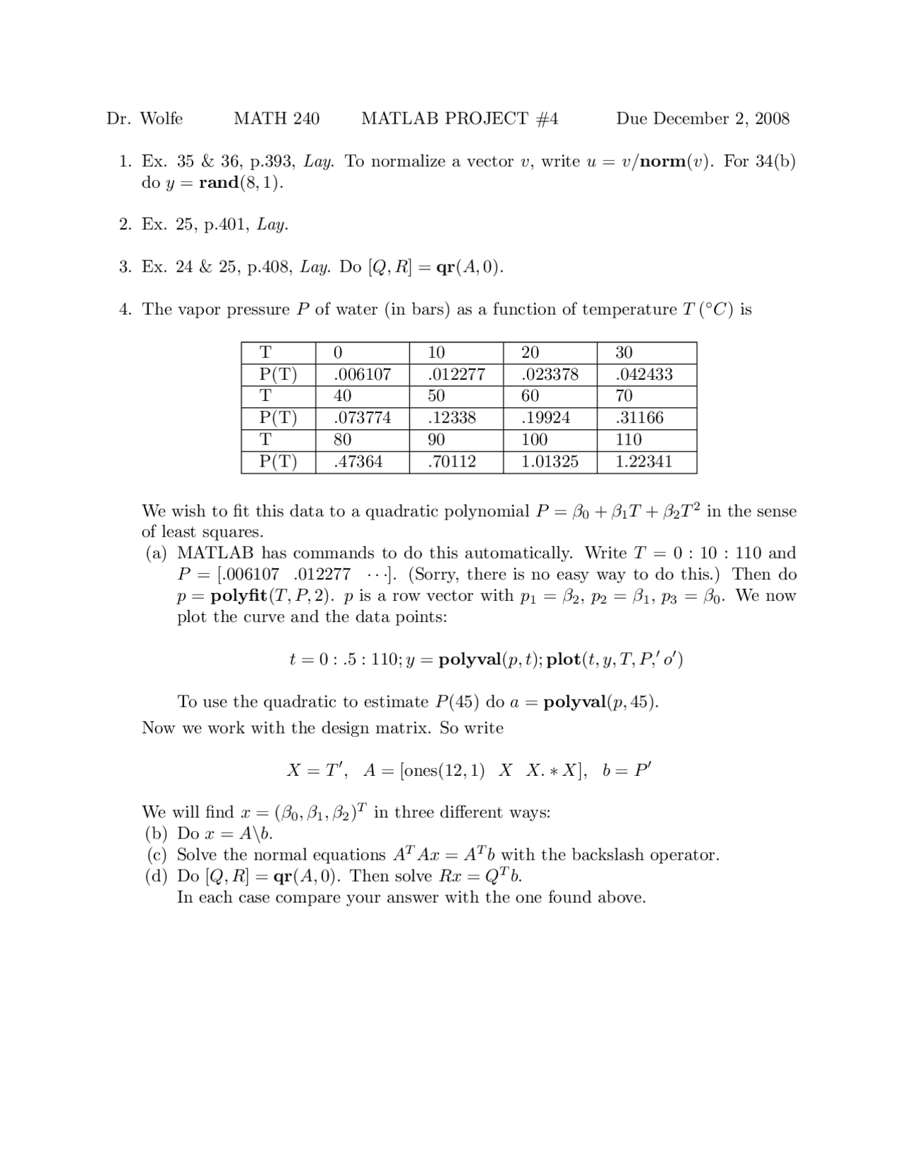 MATLAB Project 4 - Introduction to Linear Algebra | MATH 240 - Docsity