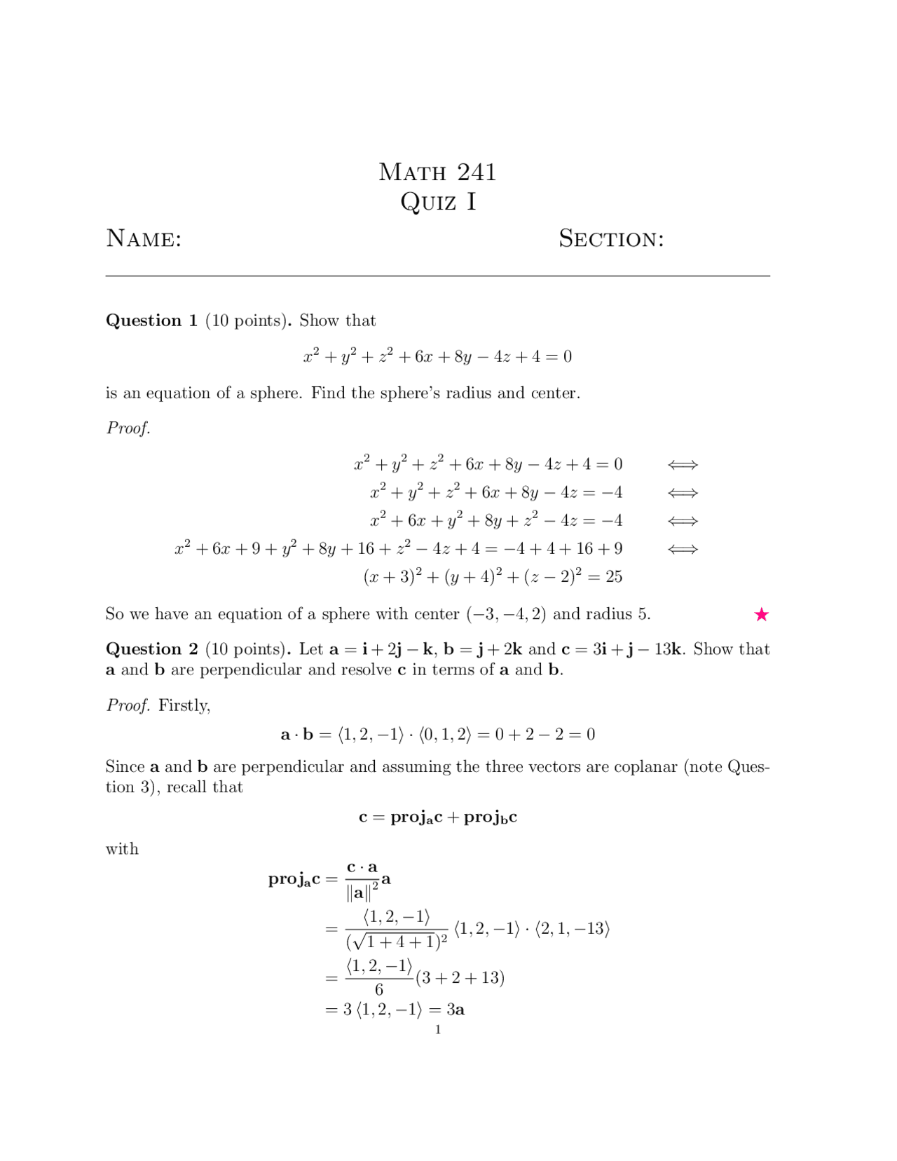Quiz 1 with Answers - Calculus III | MATH 241 - Docsity