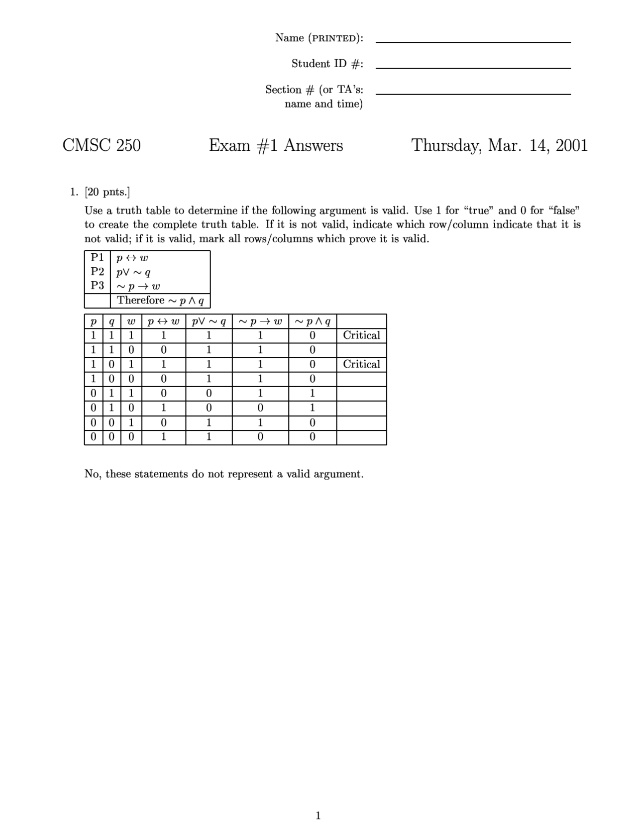 Answer of Questions of Discrete Structures - Exam 1 | CMSC 250 | Exams ...