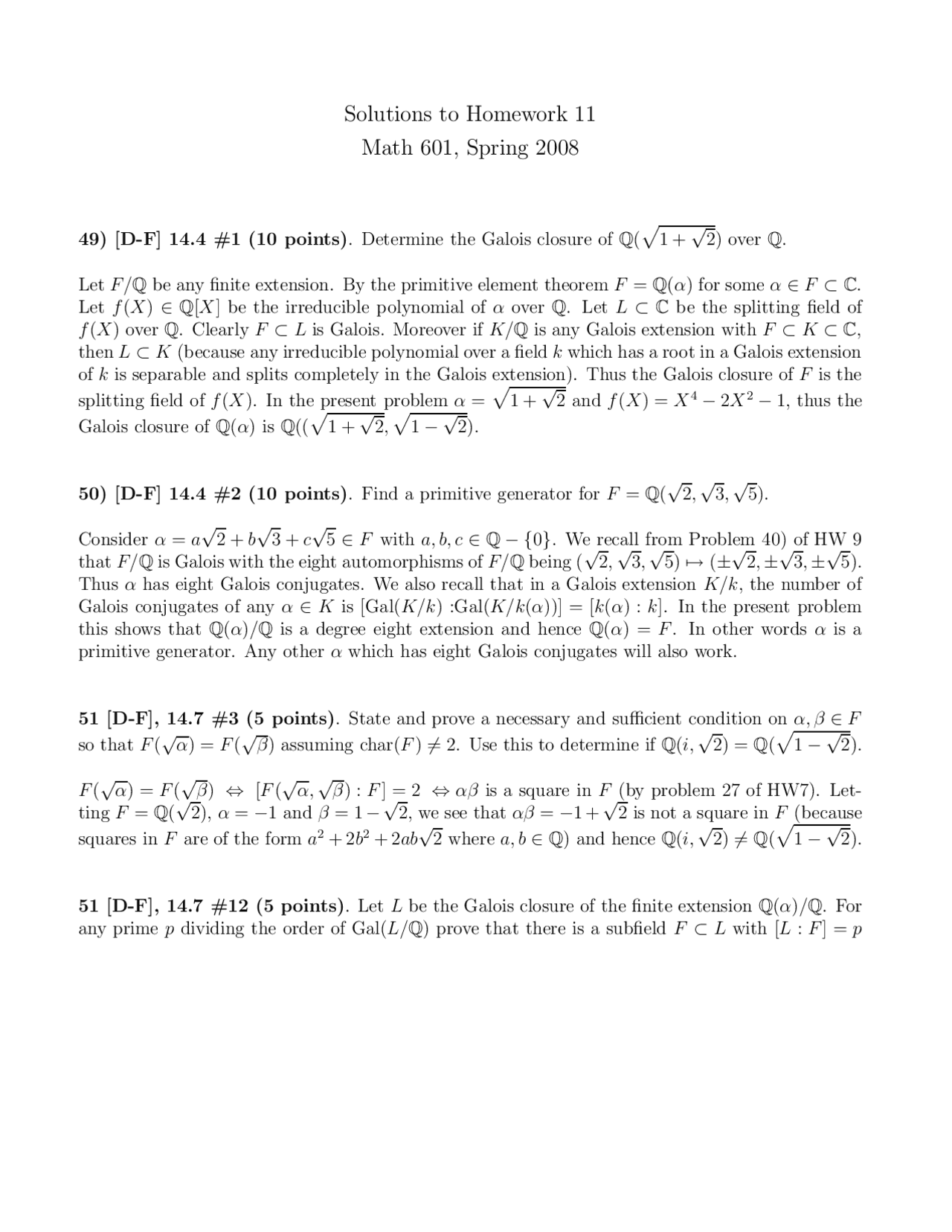 Solutions to Homework 11 - Abstract Algebra II | MATH 601 - Docsity