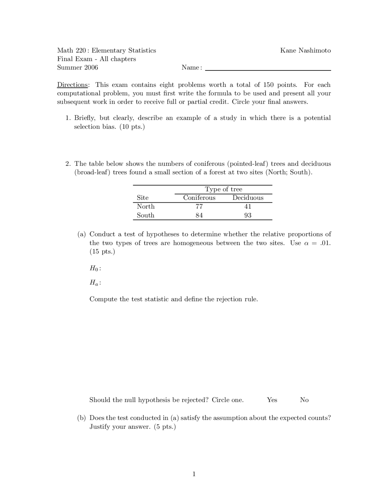 Practice Final Examination - Elementary Statistics | MATH 220H - Docsity