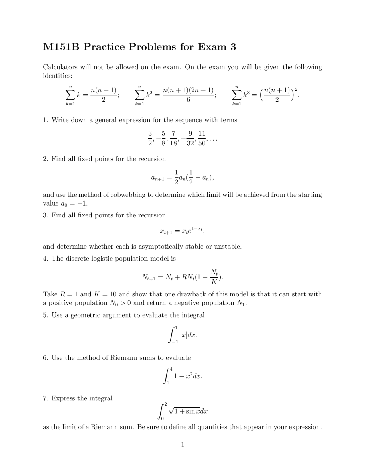 Practice Problems for Exam 3 - Engineering Math I | MATH 151 - Docsity