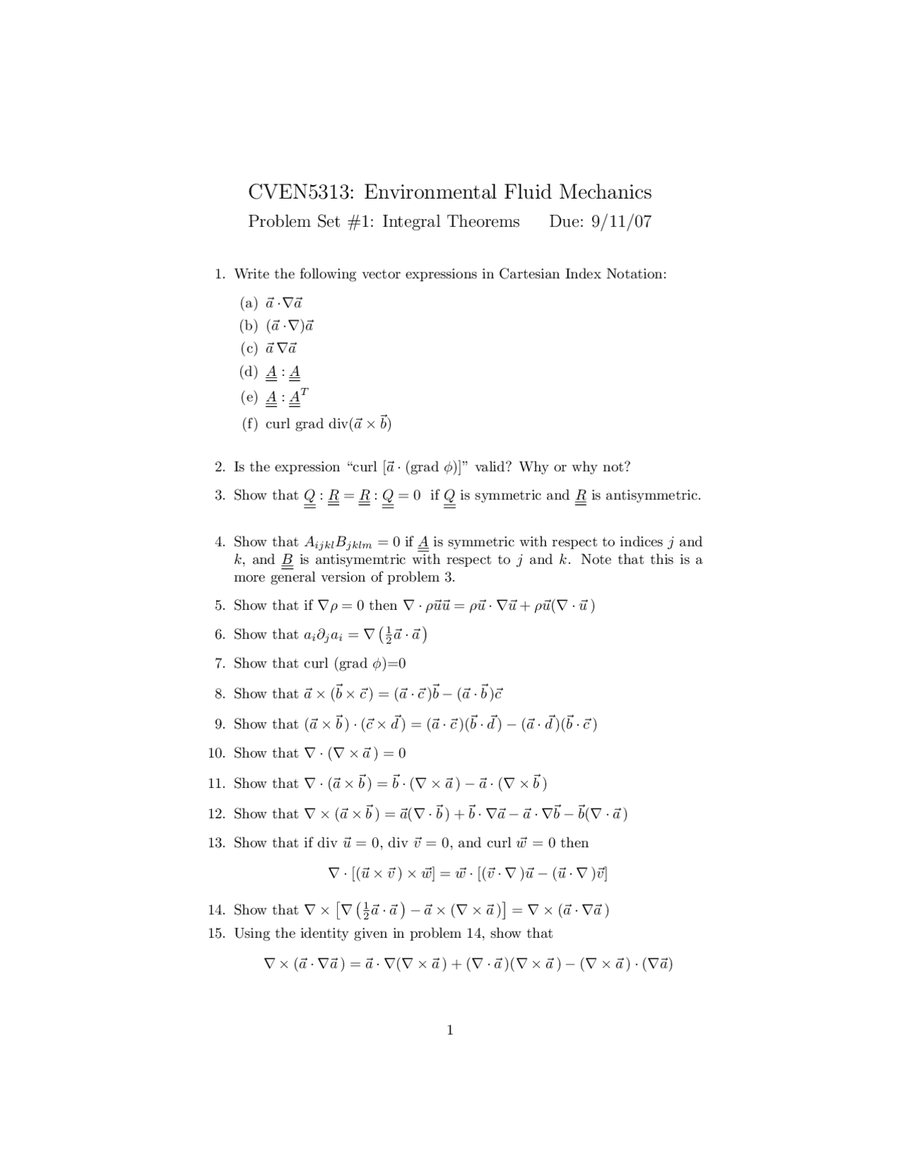 Problem Set 1 - Environmental Fluid Mechanics | CVEN 5313 - Docsity