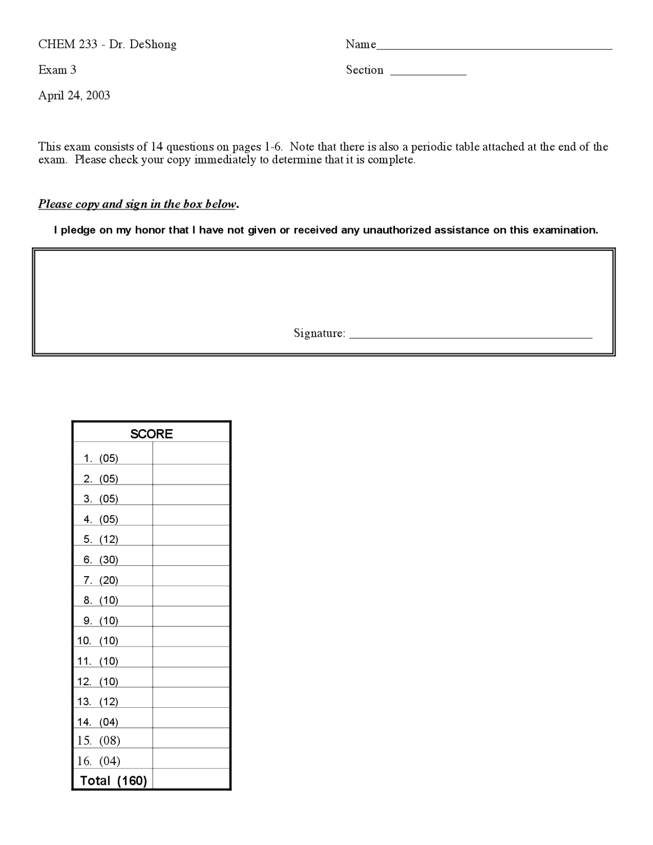 Old Lab Exam Papers 16 Questions in Old Exam Paper of Organic Chemistry | CHEM 233 - Docsity