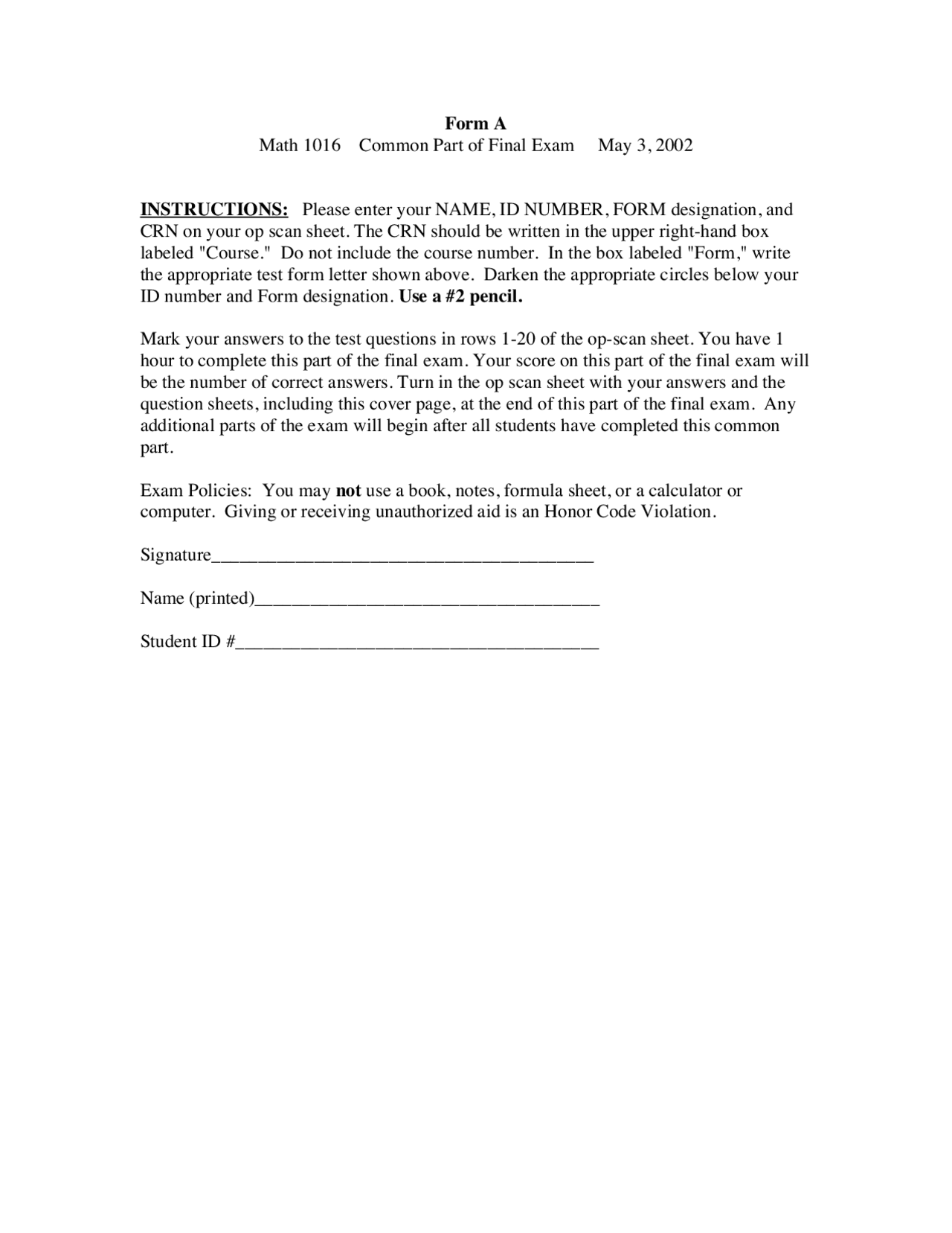 Common Part of Final Exam Form A - Calculus with Trigonometry I | MATH ...