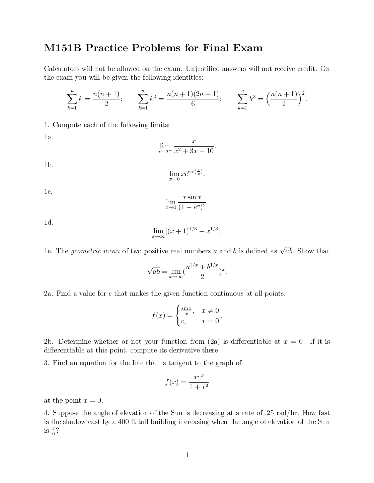 Practice Problems for Final Exam - Engineering Math I | MATH 151 - Docsity