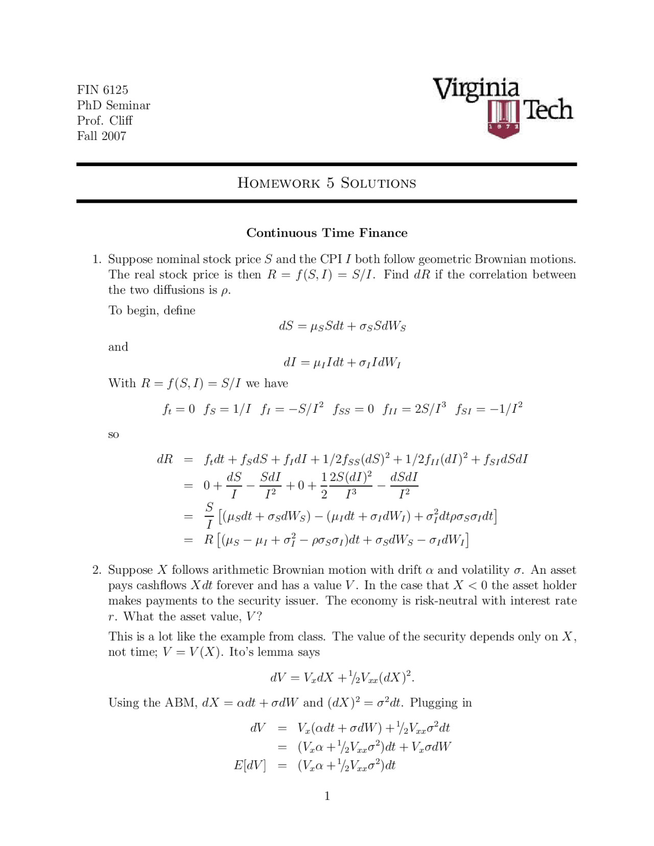 Continuous Time Finance - Homework 5 Solution | FIN 6125 - Docsity