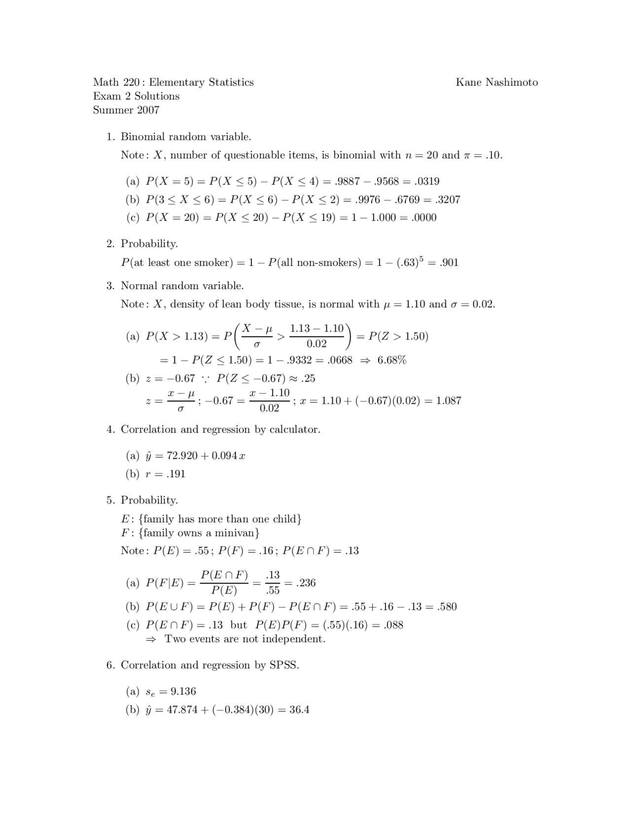 Elementary Statistics - Final Exam 2 with Solutions | MATH 220 - Docsity