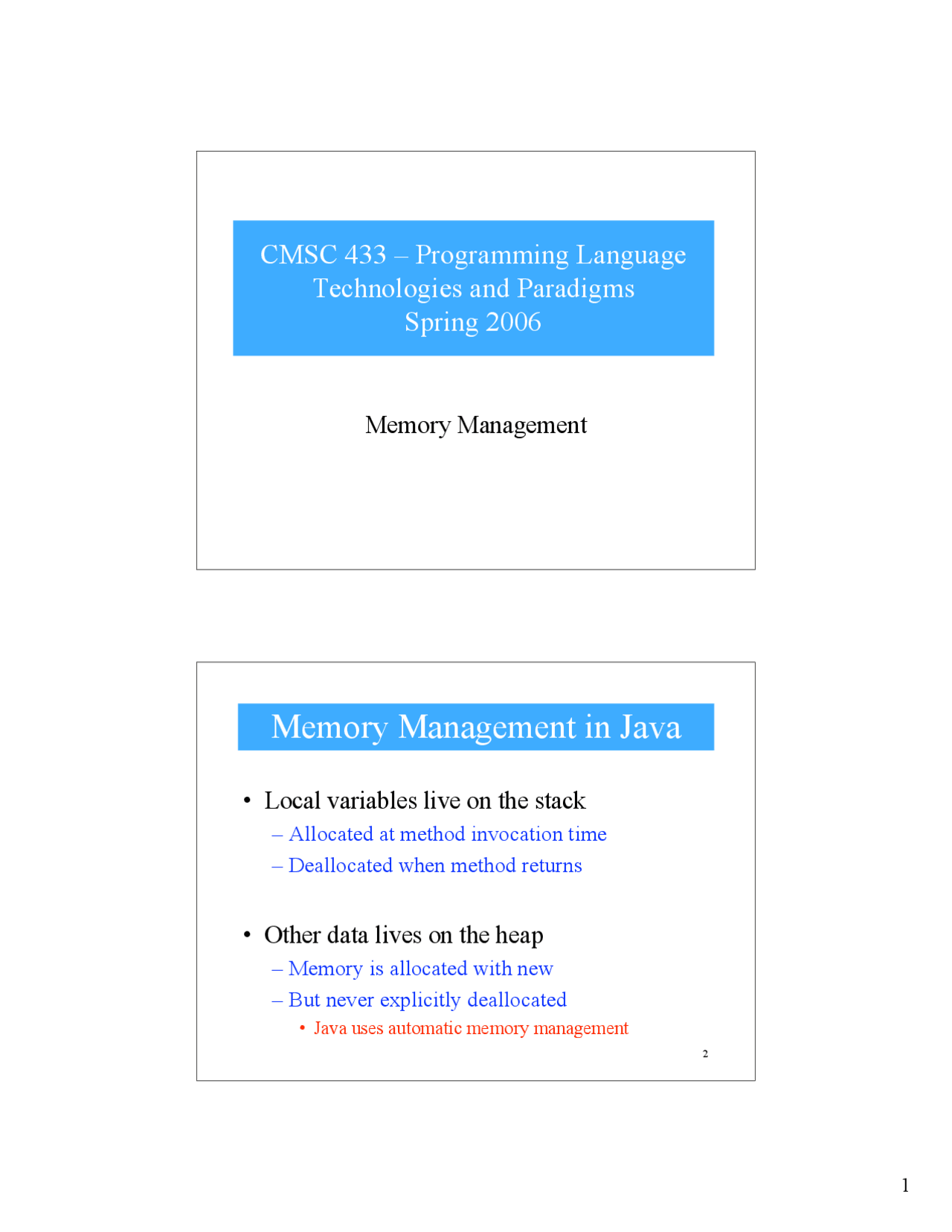 Memory Management in Java - Lecture Slides | CMSC 433 - Docsity