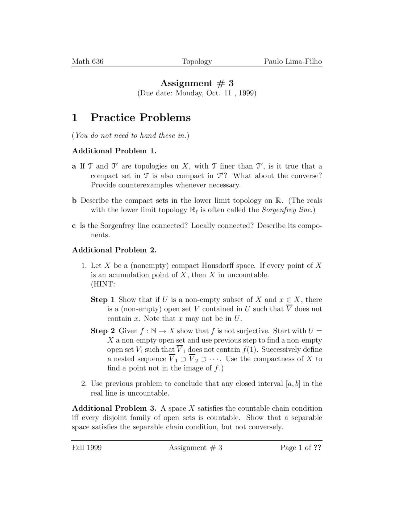 Topology Math Questions Practice Problems for Assignment 3 | Topology I | MATH 636 - Docsity