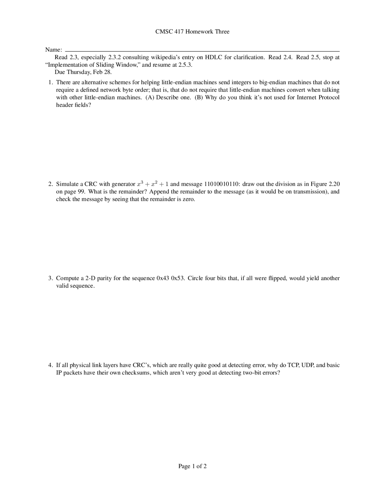 Homework 3 Questions | Computer Networks | CMSC 417 - Docsity