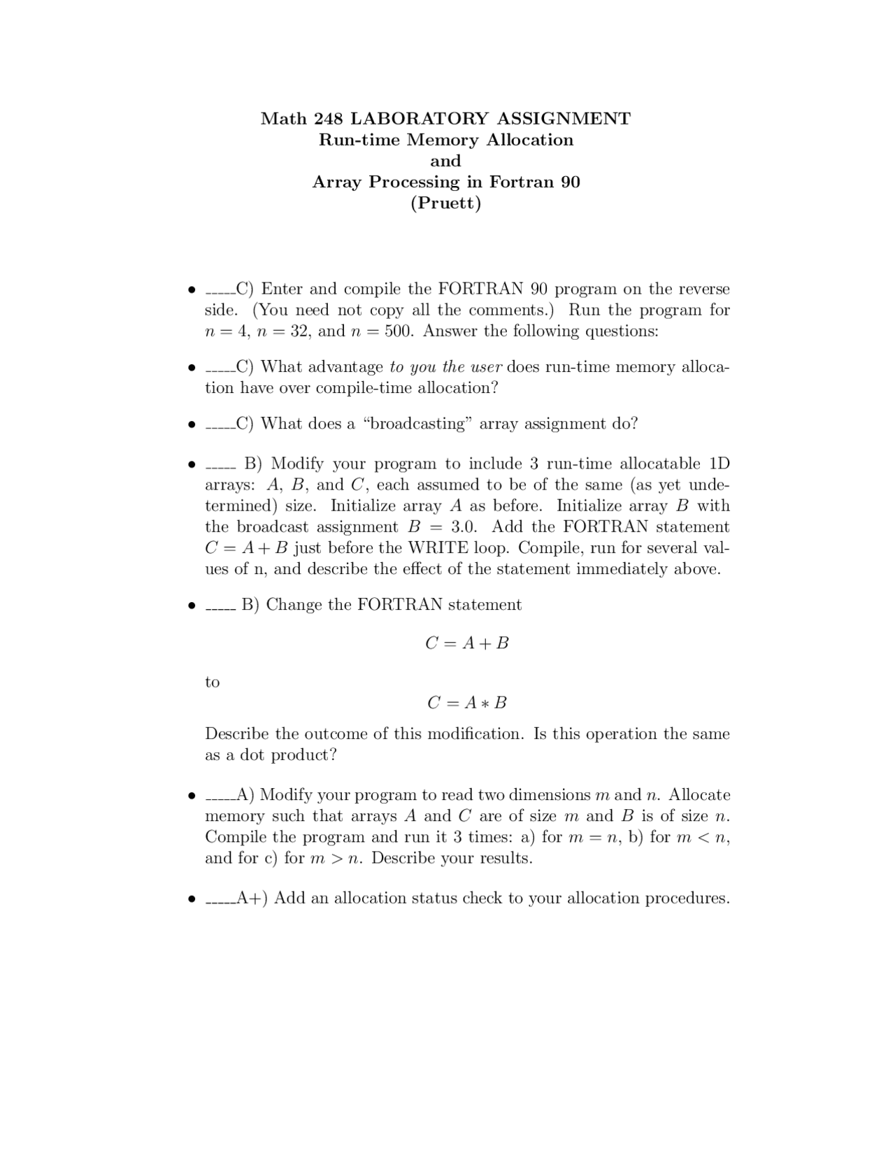 Run Time Memory Allocation And Array Processing In Fortran Math 248 Docsity