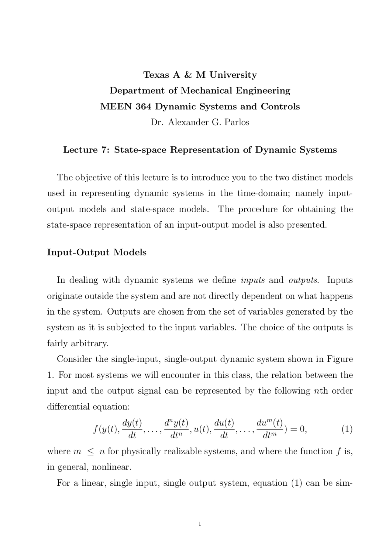 State-Space Representation of Dynamic Systems - Lecture Notes | MEEN ...