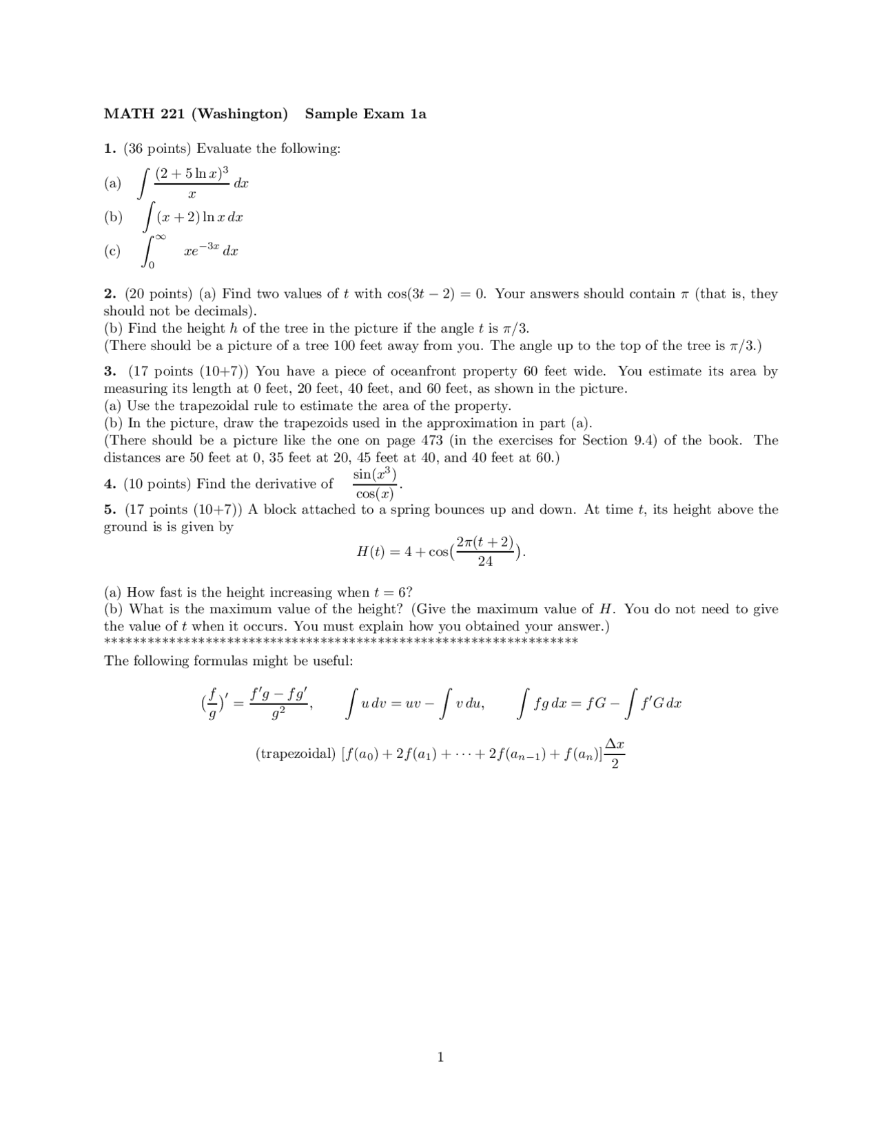 Sample Exam 1A Questions - Elementary Calculus II | MATH 221 - Docsity