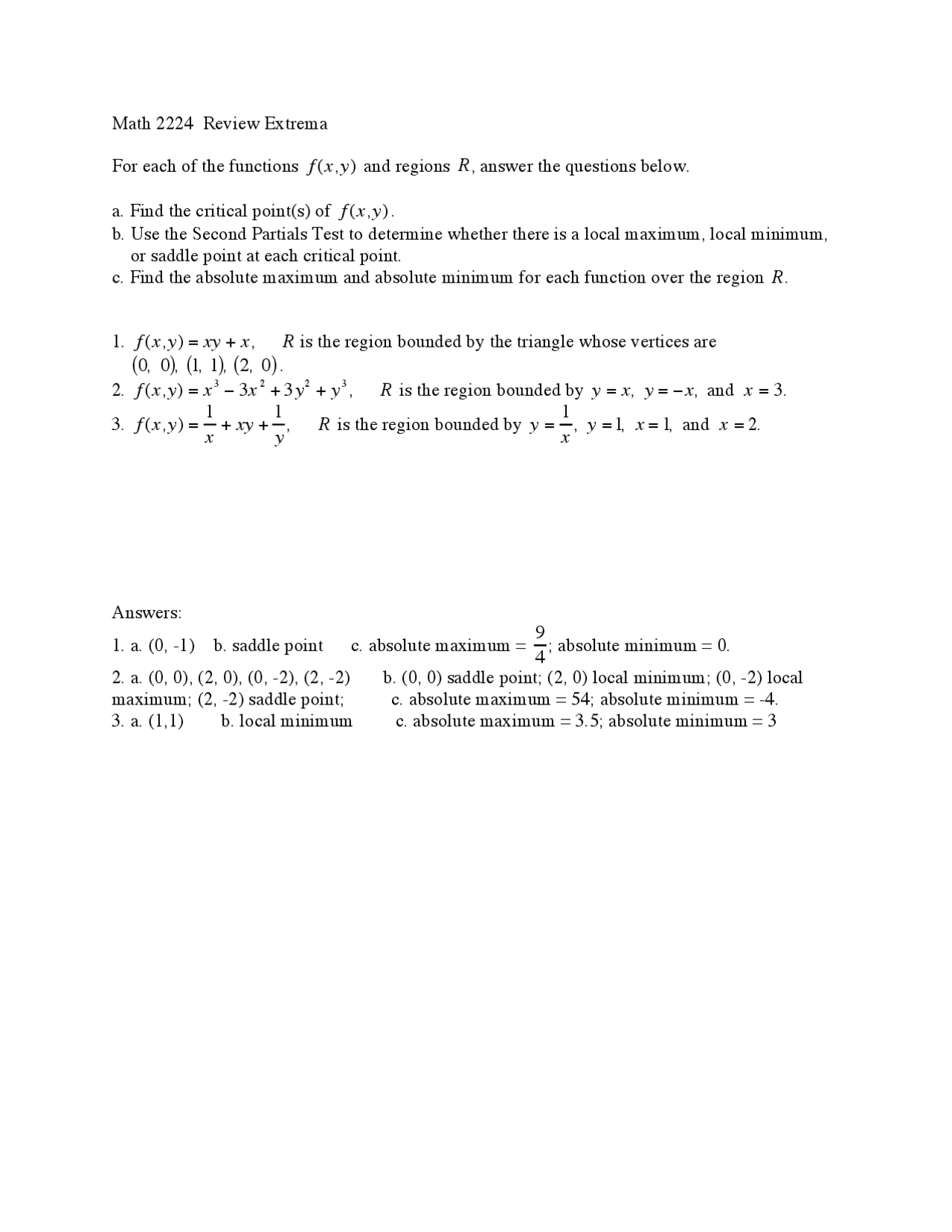 Multivariable Calculus - Review Sheet | MATH 2224 - Docsity
