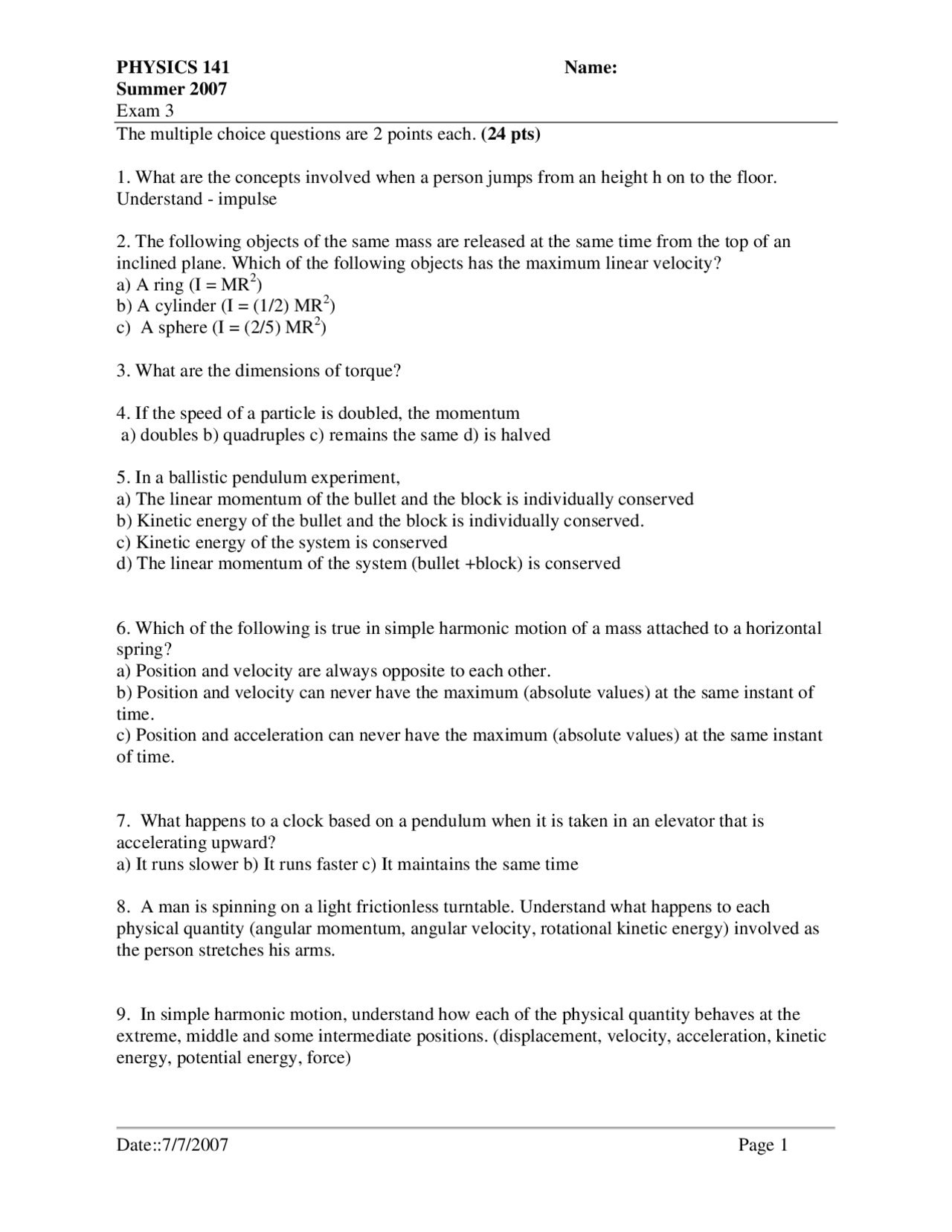 Exam 3 with 12 Multiple Choice Question - Principles Physics | PHYS 141 ...