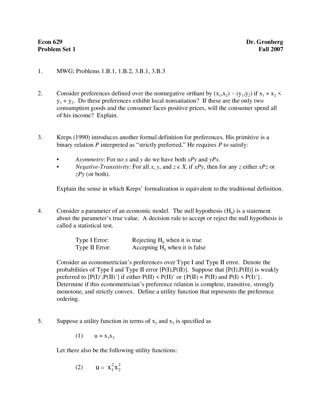 Problems of Microeconomics Theory l - Assignment 1 | ECON 629 - Docsity