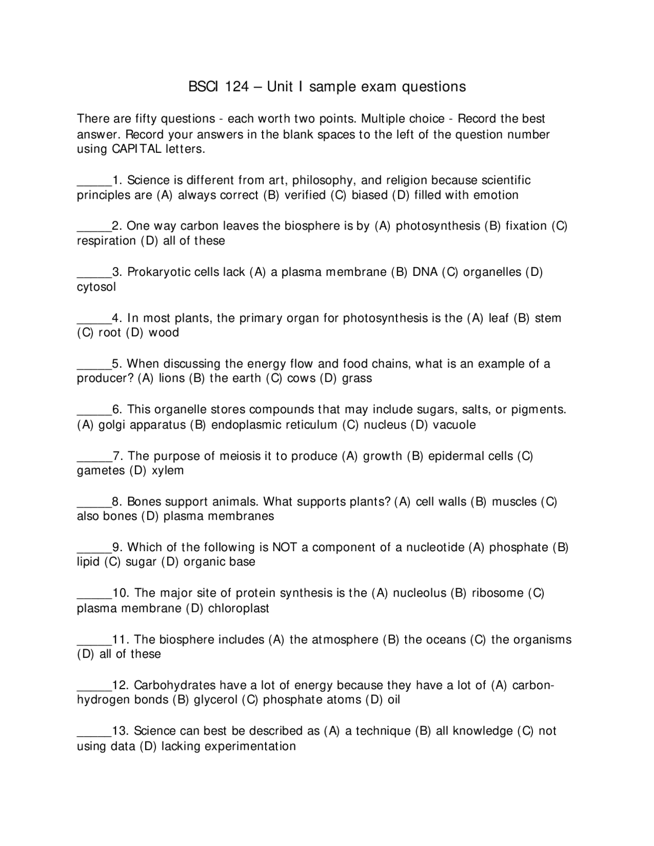 Sample Exam Questions Plant Biology BSCI 124 Docsity