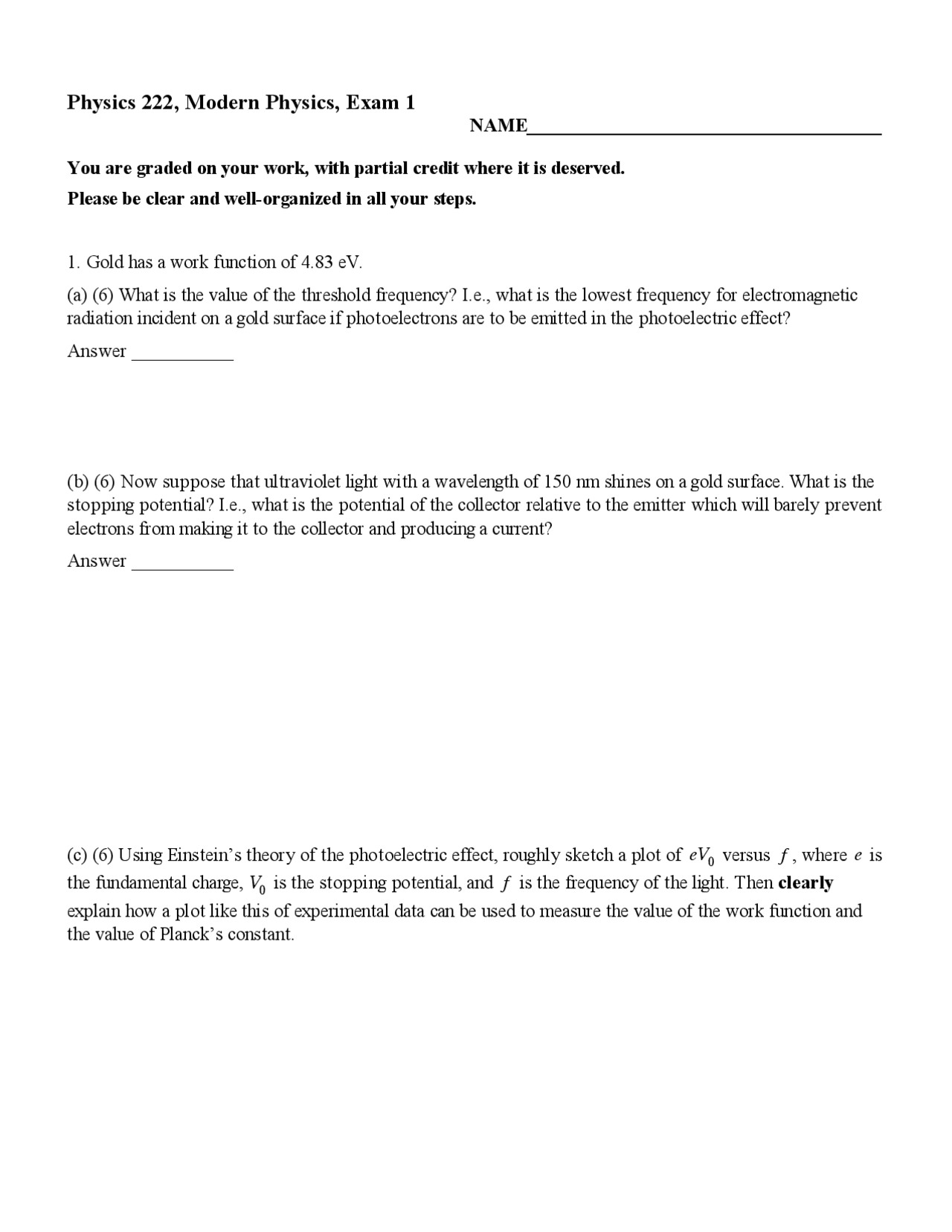 Questions for Exam 1 - Modern Physics for Engineering | PHYS 222 - Docsity
